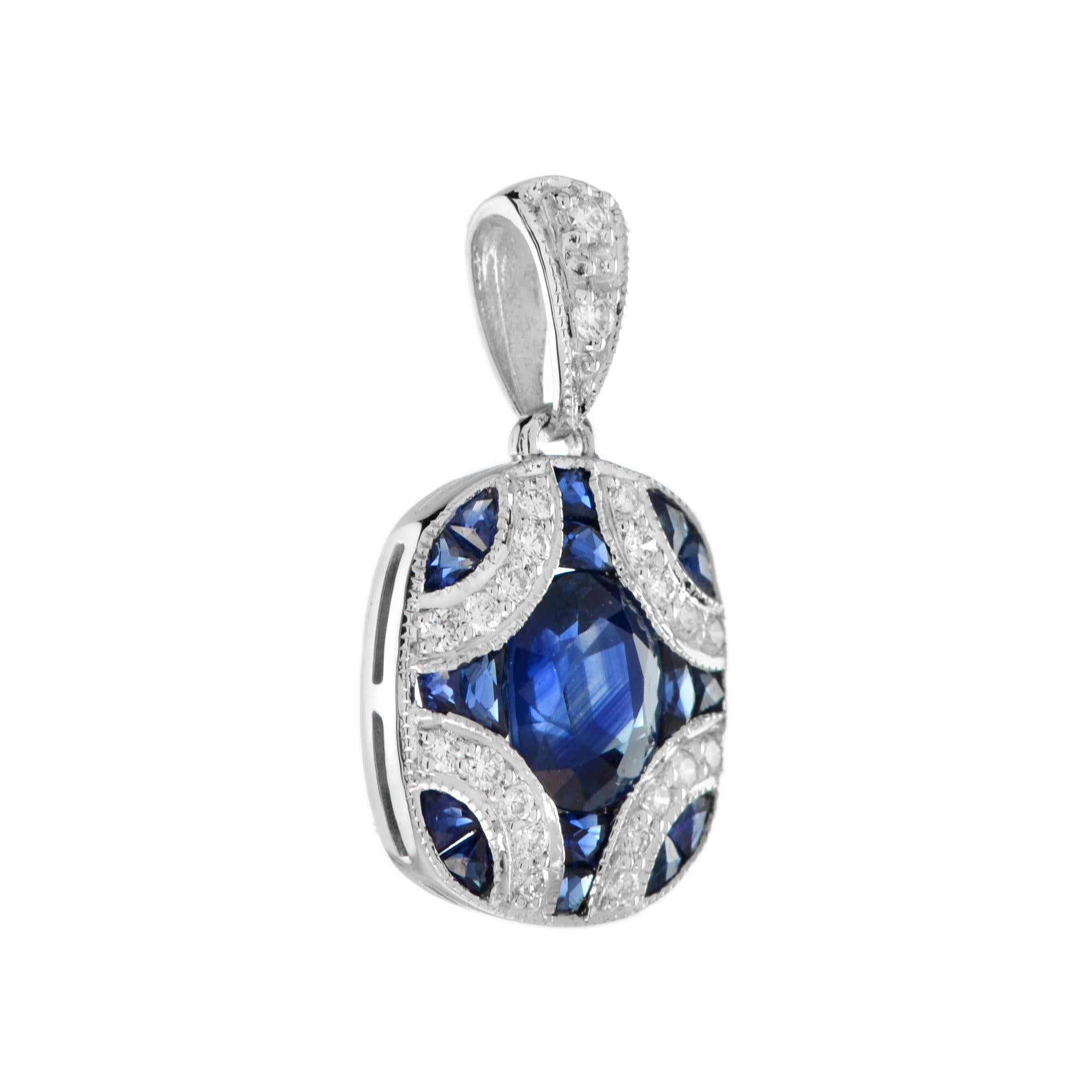 White gold sapphire and diamond Art Deco-inspired pendant with seventeen sapphires totaling 2.55 carats. This design features an oval cut sapphire center with adjacent French cut sapphire and round white diamonds totaling 0.13 carats. 14K White