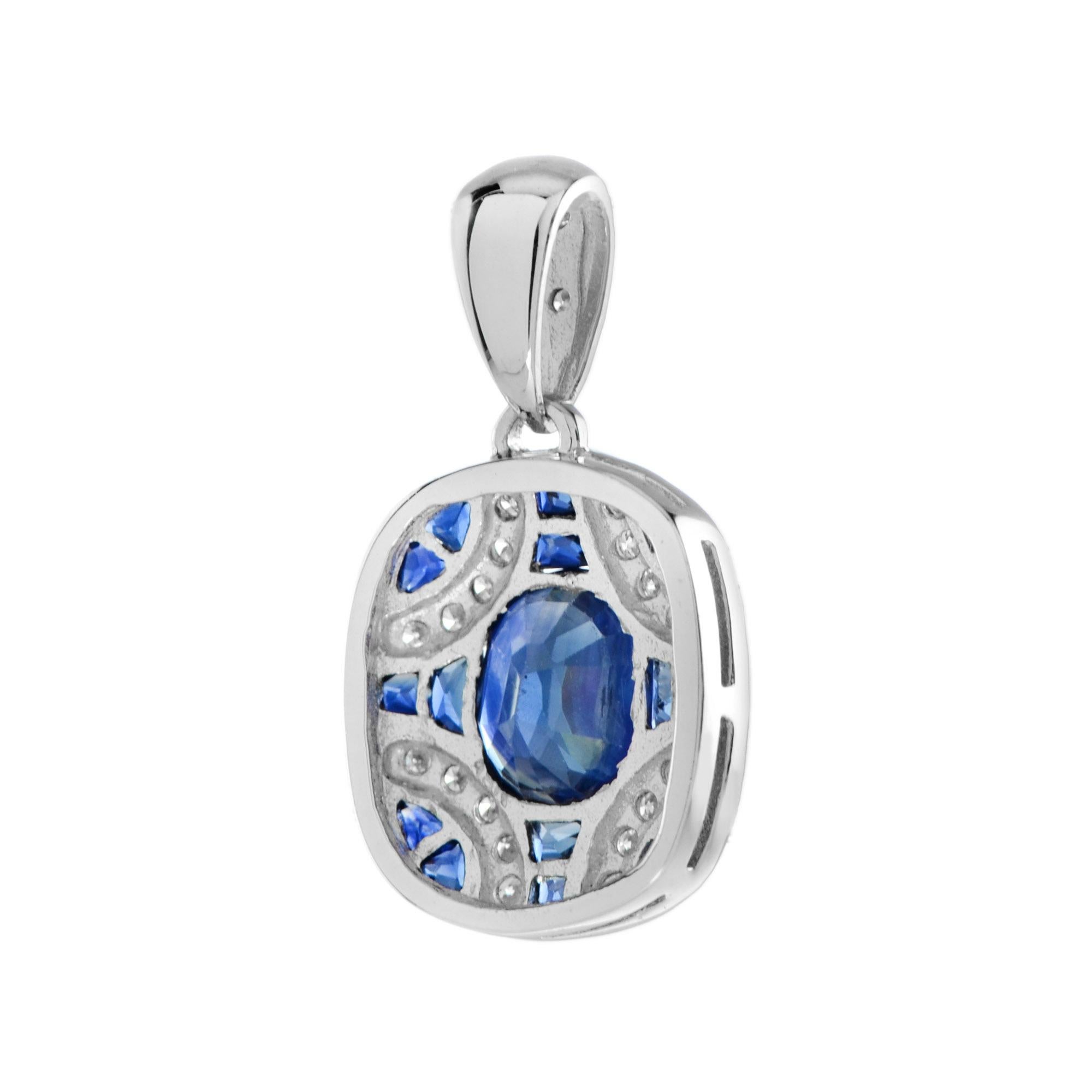 Art déco Oval Blue Sapphire & Diamond Curve Art Deco Style 14K White Gold Pendant en vente