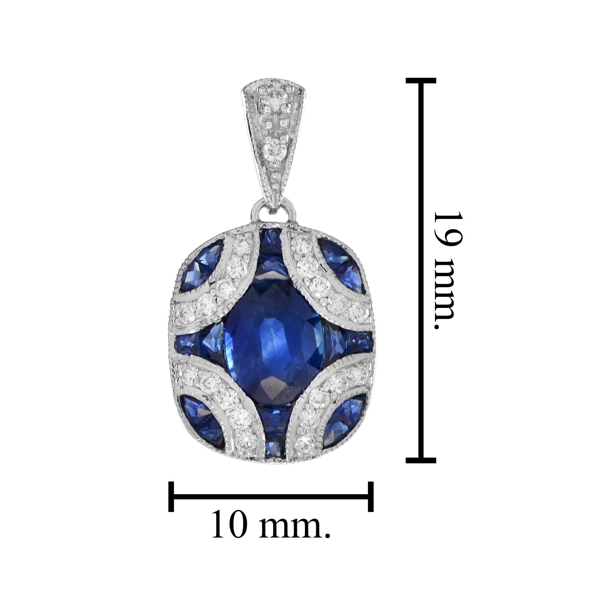 Taille ovale Oval Blue Sapphire & Diamond Curve Art Deco Style 14K White Gold Pendant en vente