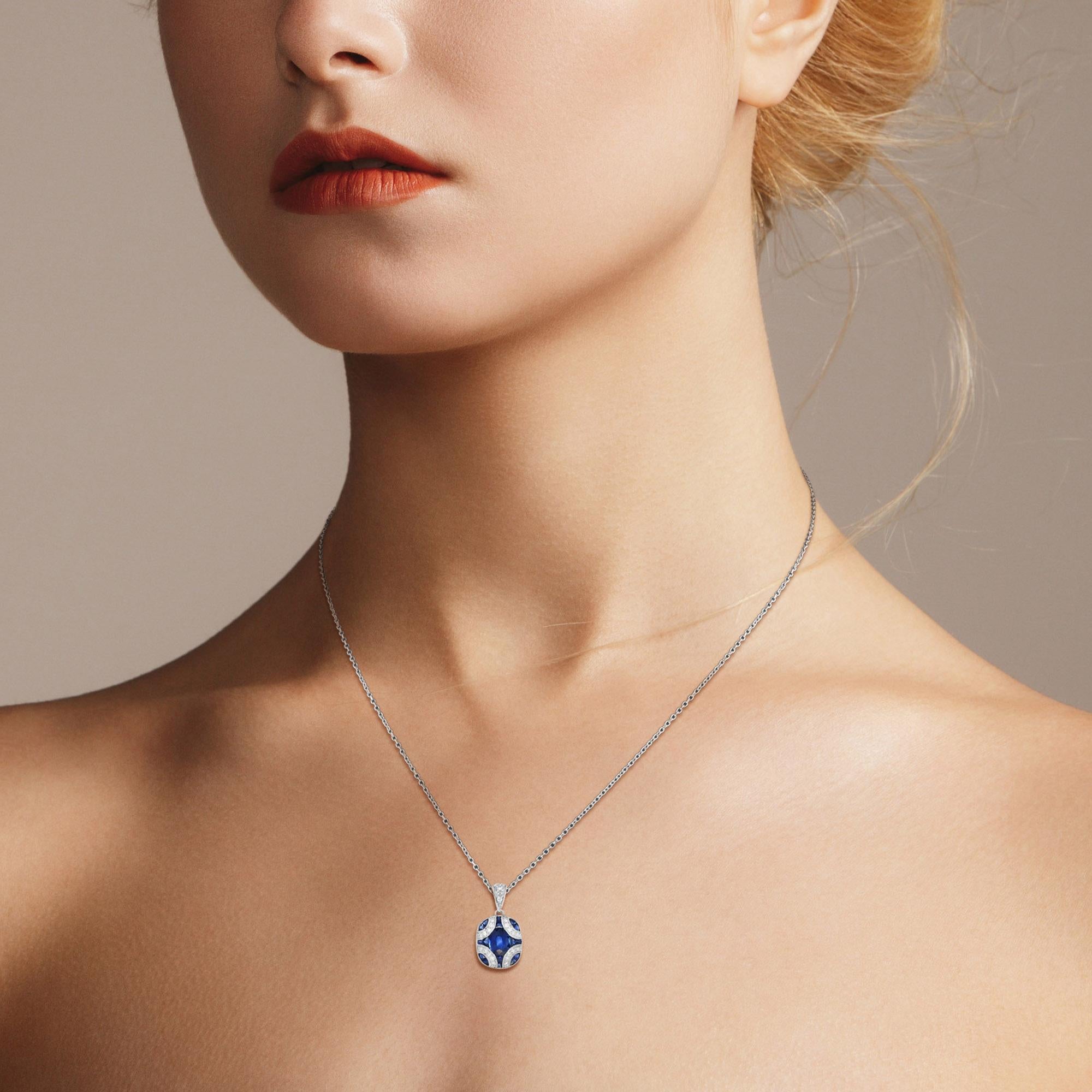 Oval Blue Sapphire & Diamond Curve Art Deco Style 14K White Gold Pendant Neuf - En vente à Oakton, VA