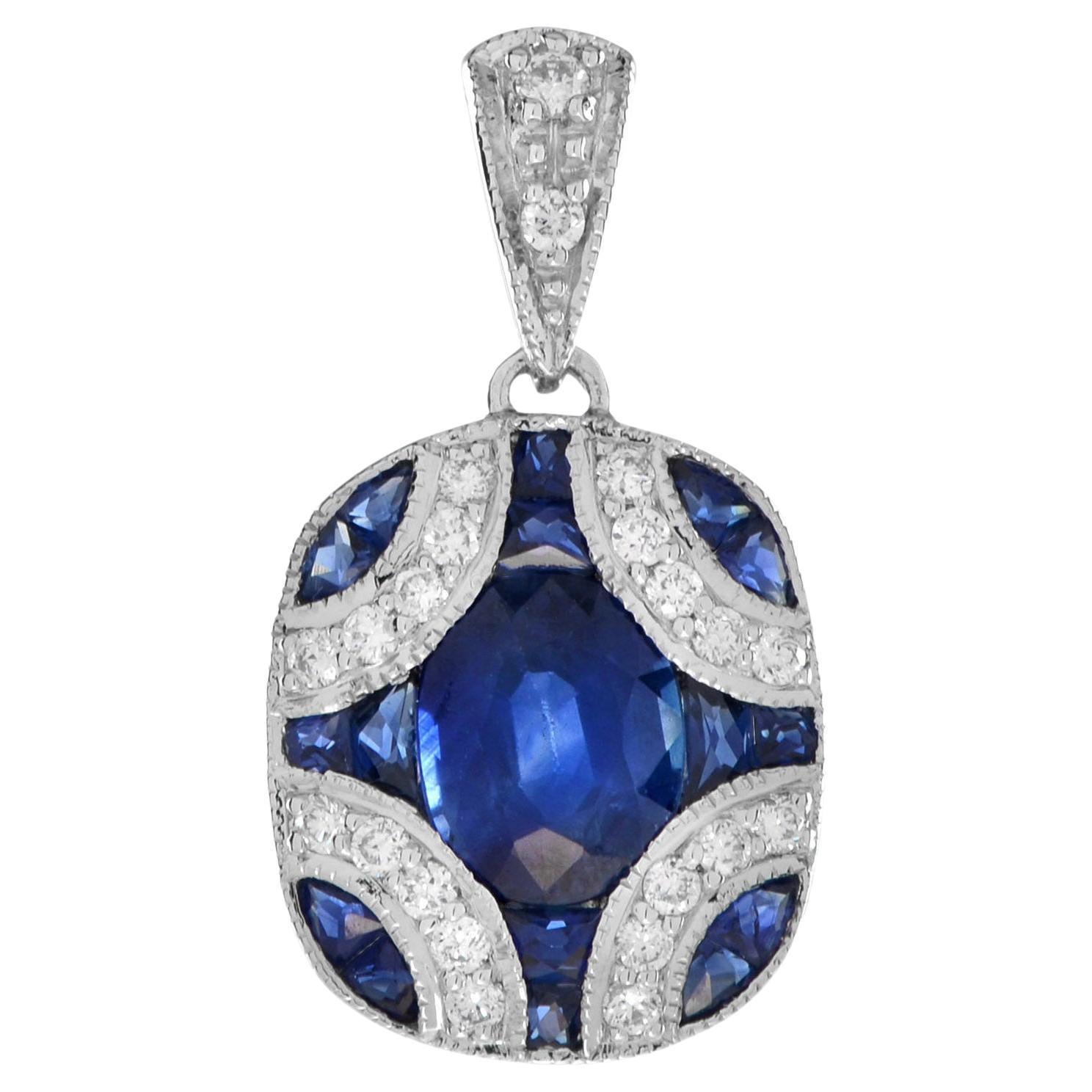 Oval Blue Sapphire & Diamond Curve Art Deco Style 14K White Gold Pendant