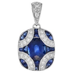 Oval Blue Sapphire & Diamond Curve Art Deco Style 14K White Gold Pendant
