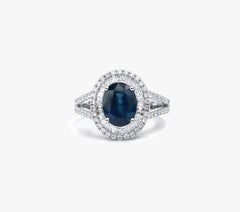 2,5ct Ovaler Blauer Saphir & Diamant Doppel-Halo Verlobungsring aus 18K Weißgold