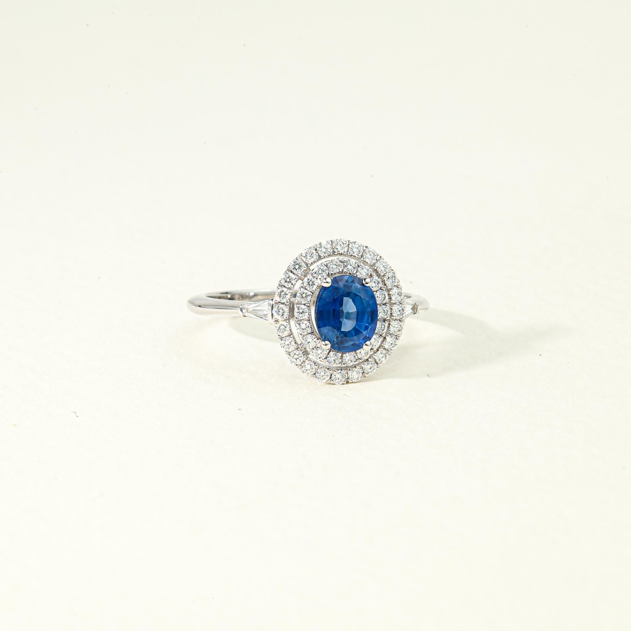 Art Deco Oval Blue Sapphire Diamond Double Halo Cocktail Engagement Ring in White Gold For Sale