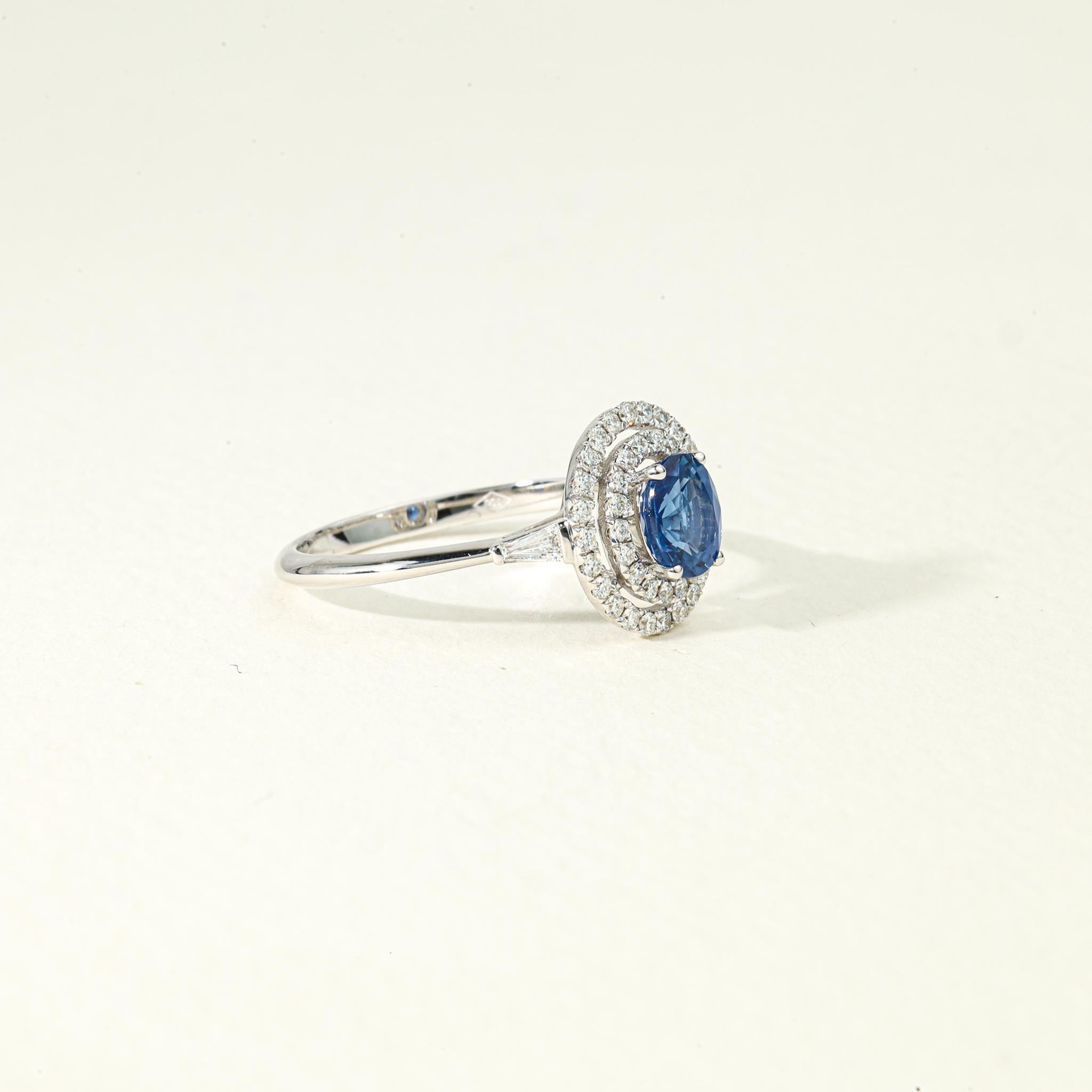 Oval Cut Oval Blue Sapphire Diamond Double Halo Cocktail Engagement Ring in White Gold For Sale