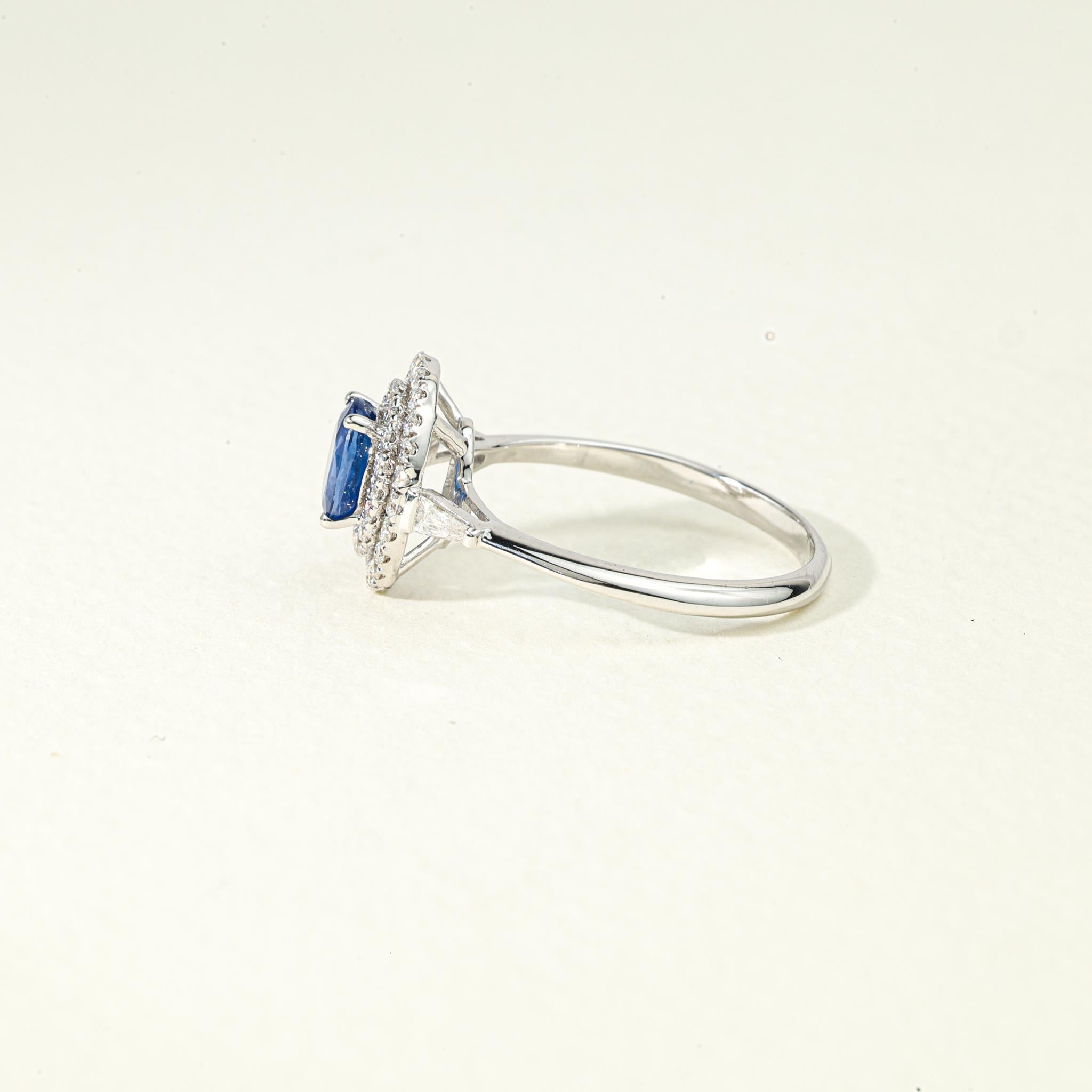 Oval Blue Sapphire Diamond Double Halo Cocktail Engagement Ring in White Gold For Sale 1