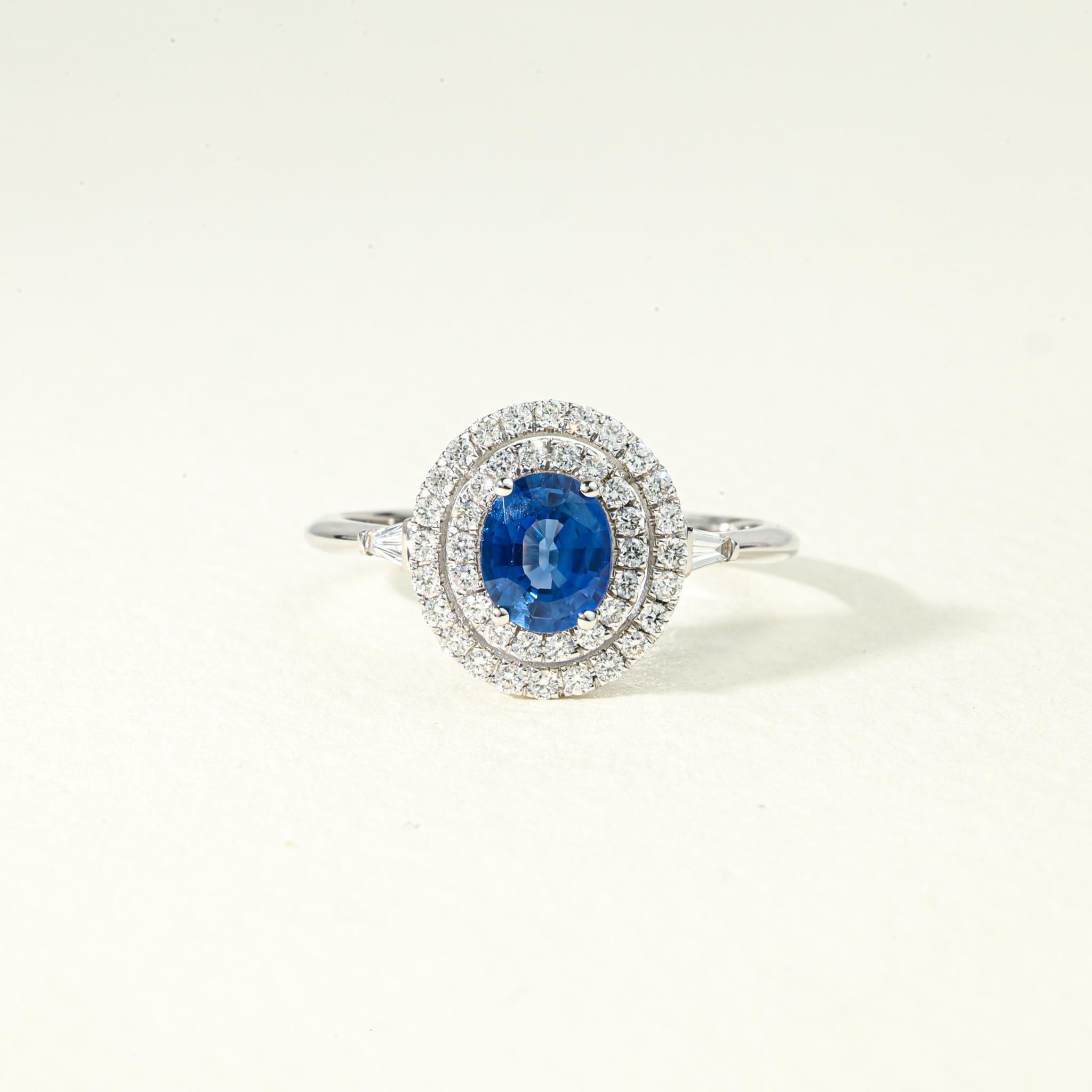 Oval Blue Sapphire Diamond Double Halo Cocktail Engagement Ring in White Gold For Sale 2