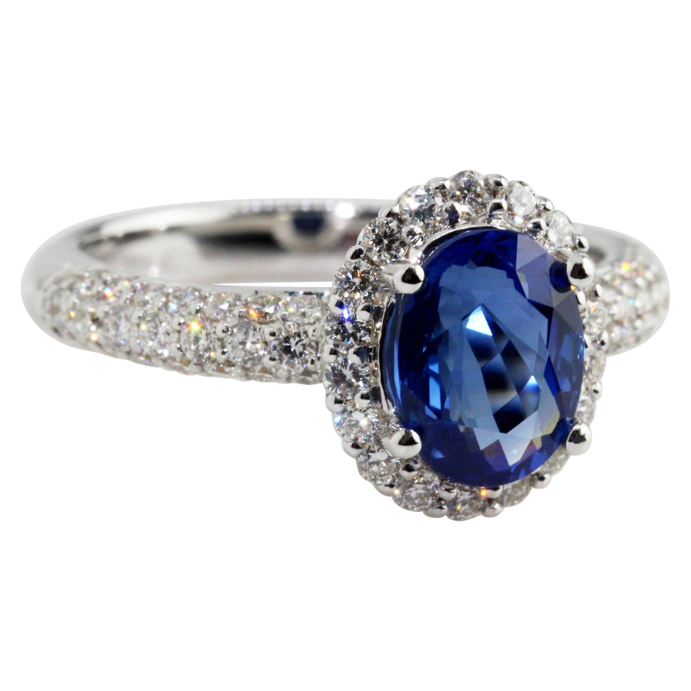 Oval Blue Sapphire Diamond Engagement Ring For Sale