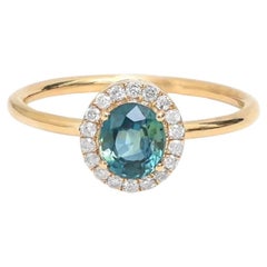 Oval Blue Sapphire Diamond Halo 14K (18K Custom) Gold Ring