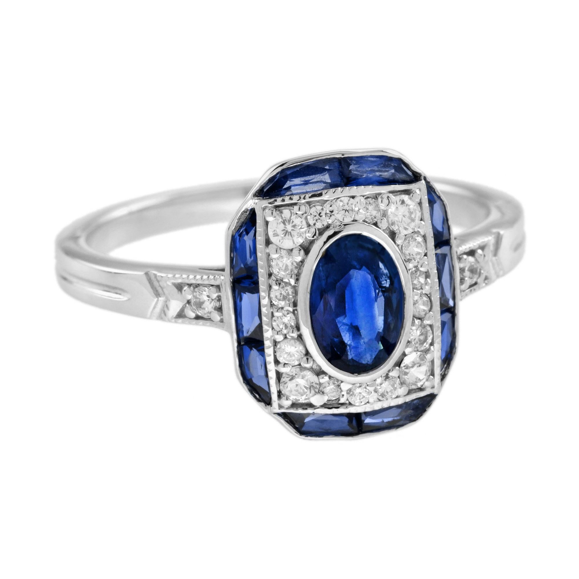 Un imponente zaffiro blu ovale di ispirazione Art Deco con diamante e zaffiro taglio francese. Basso, comodo e unico, questo anello è eccezionale. Oro bianco 14K.
Informazioni sull'anello
Stile: Art Deco
Peso: 4.10 g. (peso totale circa)
Pietre
