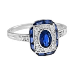 Bague de fiançailles en or blanc 14K, saphir bleu ovale et halo de diamants, style Art déco