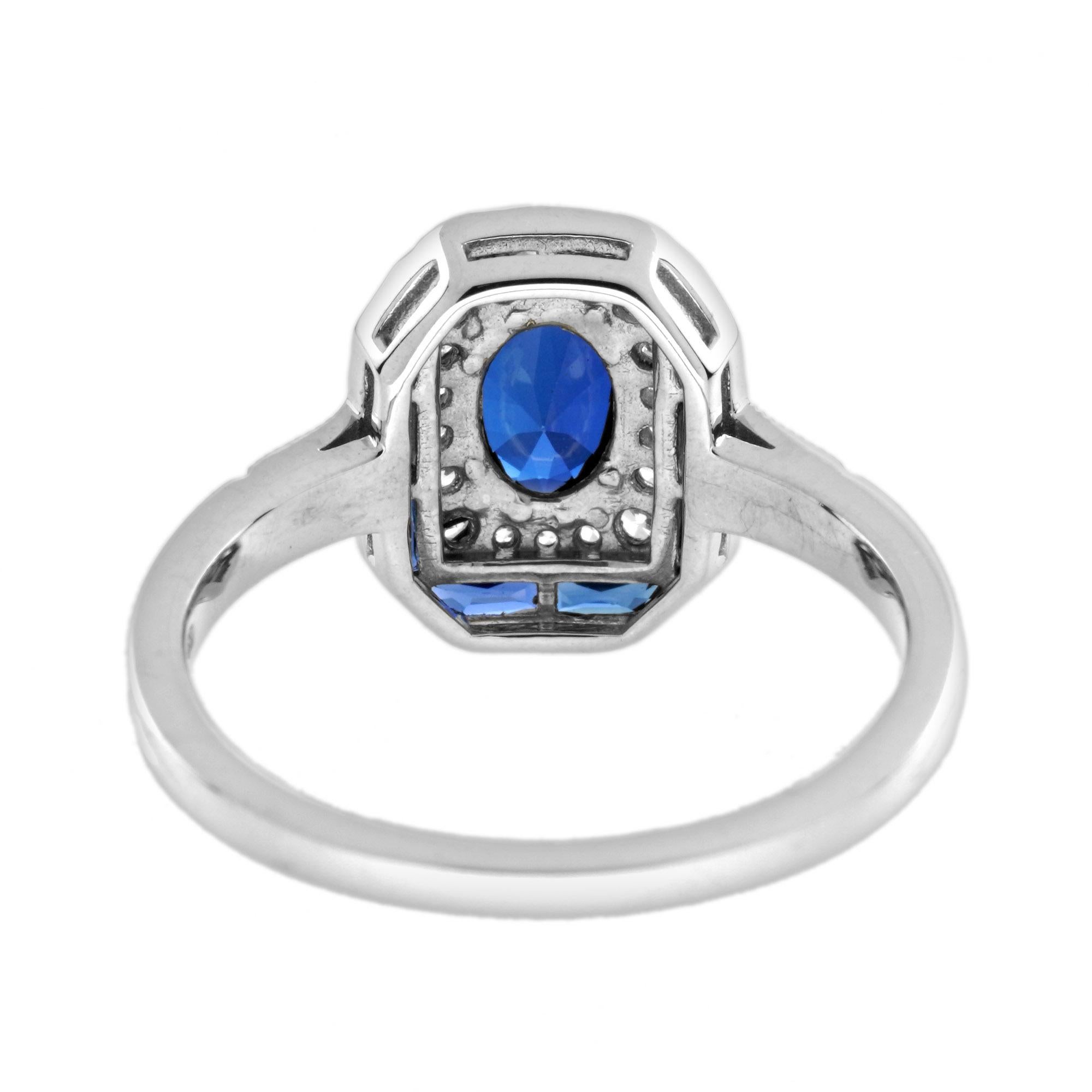 Taglio ovale Anello di fidanzamento ovale con zaffiro blu e diamante aureolato in stile Art Deco in oro bianco 14K in vendita