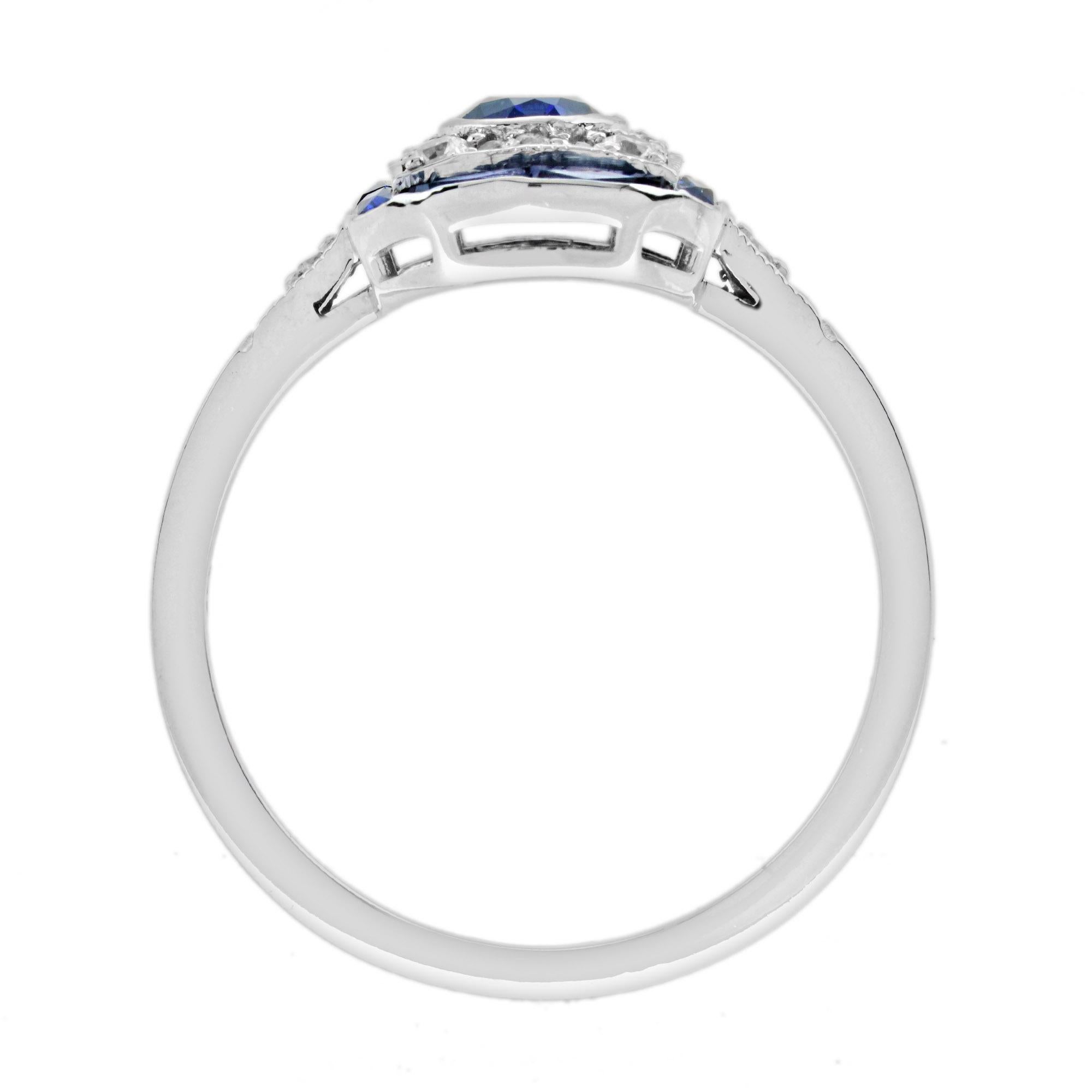Anello di fidanzamento ovale con zaffiro blu e diamante aureolato in stile Art Deco in oro bianco 14K In condizioni Nuovo in vendita a Oakton, VA
