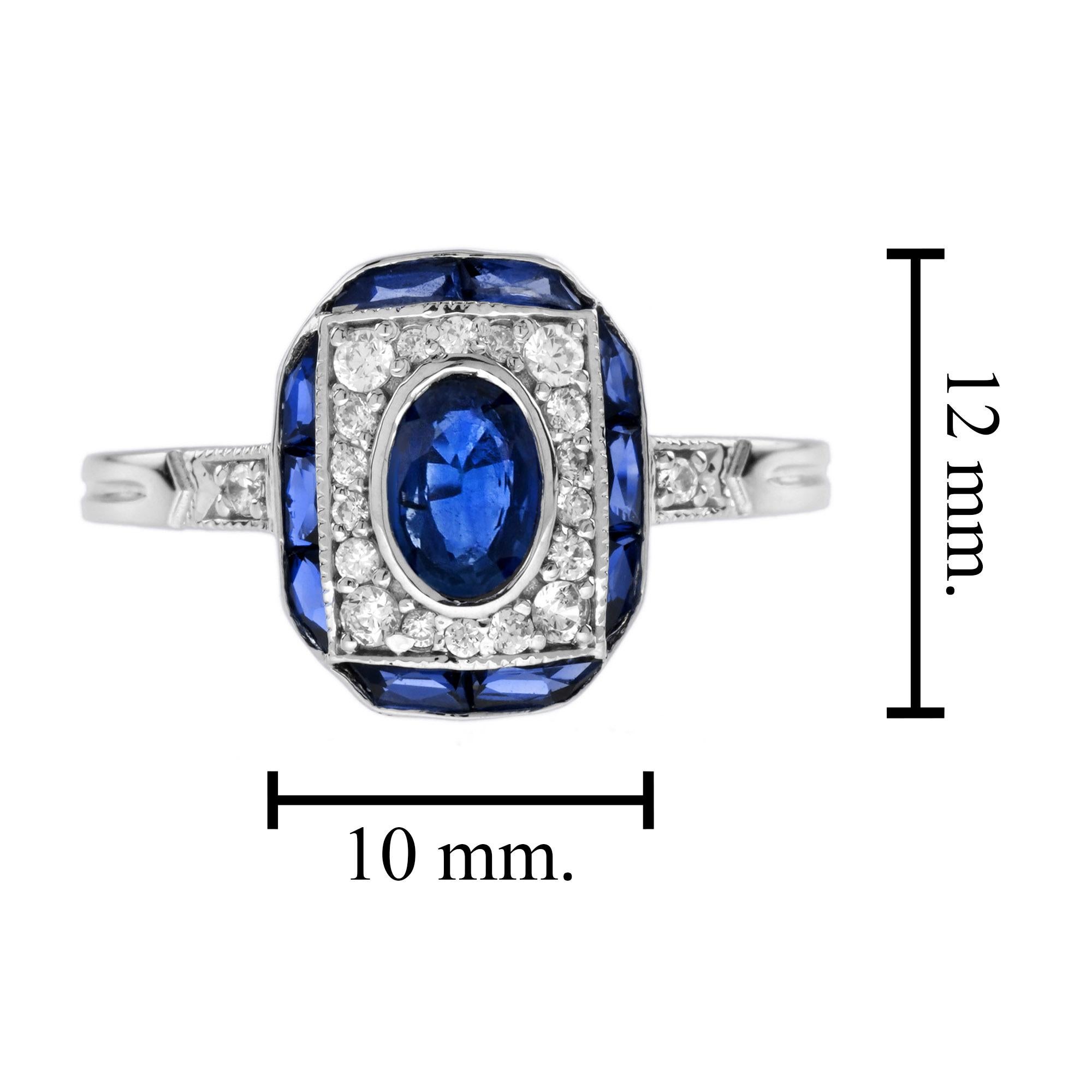 da uomo o donna Anello di fidanzamento ovale con zaffiro blu e diamante aureolato in stile Art Deco in oro bianco 14K in vendita