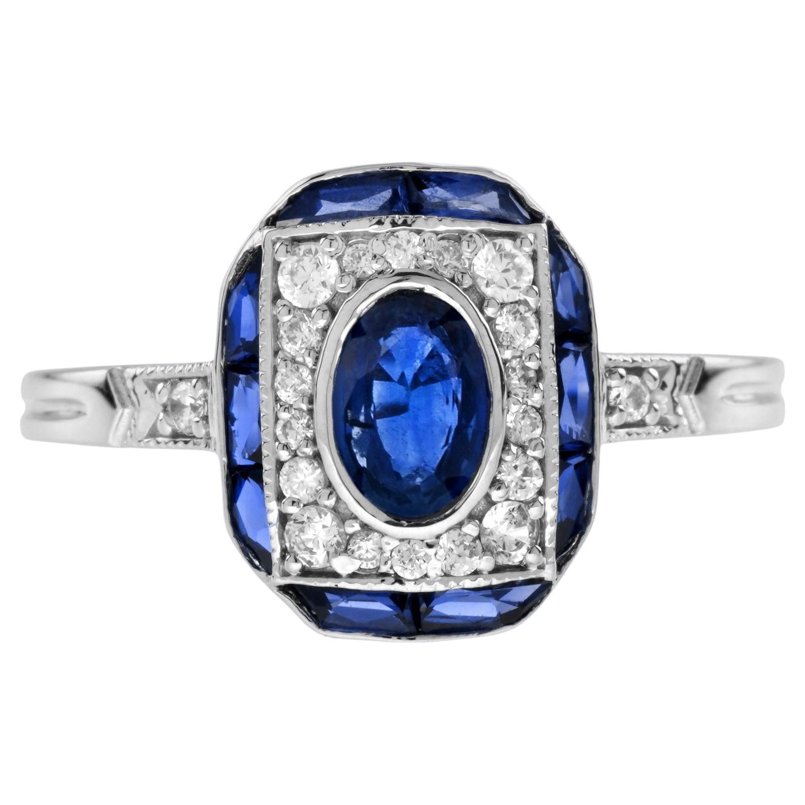 Bague de fiançailles en or blanc 14K, saphir bleu ovale et halo de diamants, style Art déco