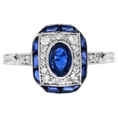 Bague de fiançailles en or blanc 14K, saphir bleu ovale et halo de diamants, style Art déco