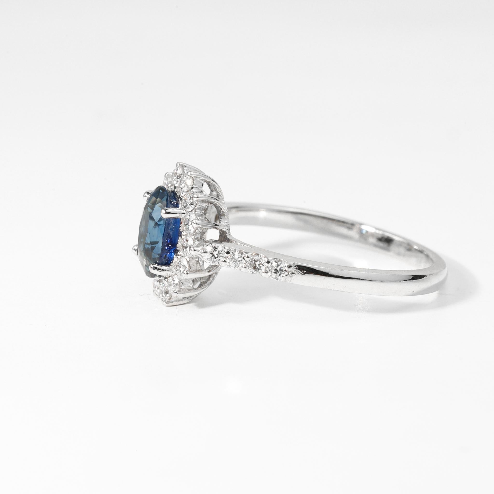 Art Deco Oval Blue Sapphire Diamond Halo Cocktail Engagement Ring in 18k White Gold For Sale