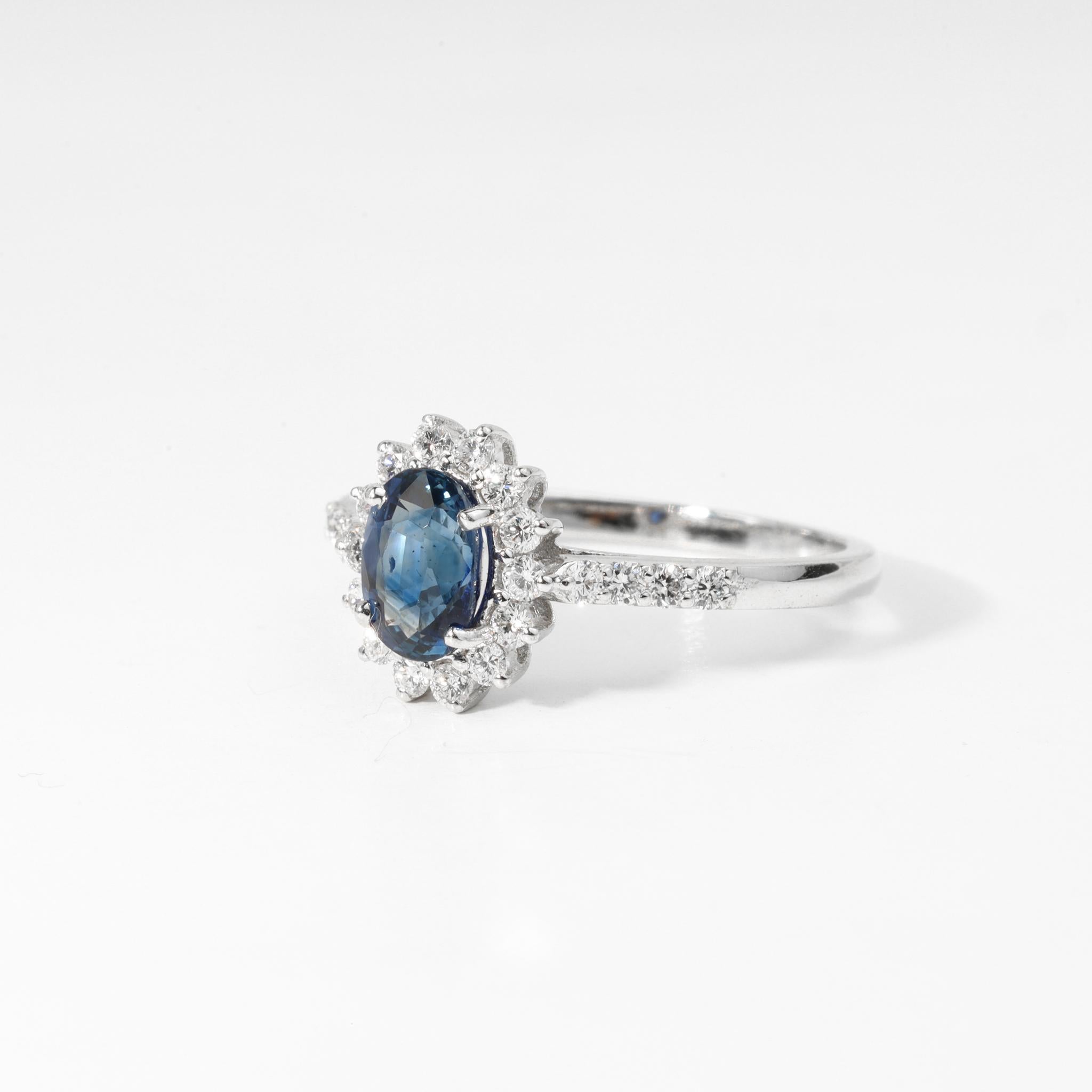 Oval Cut Oval Blue Sapphire Diamond Halo Cocktail Engagement Ring in 18k White Gold For Sale