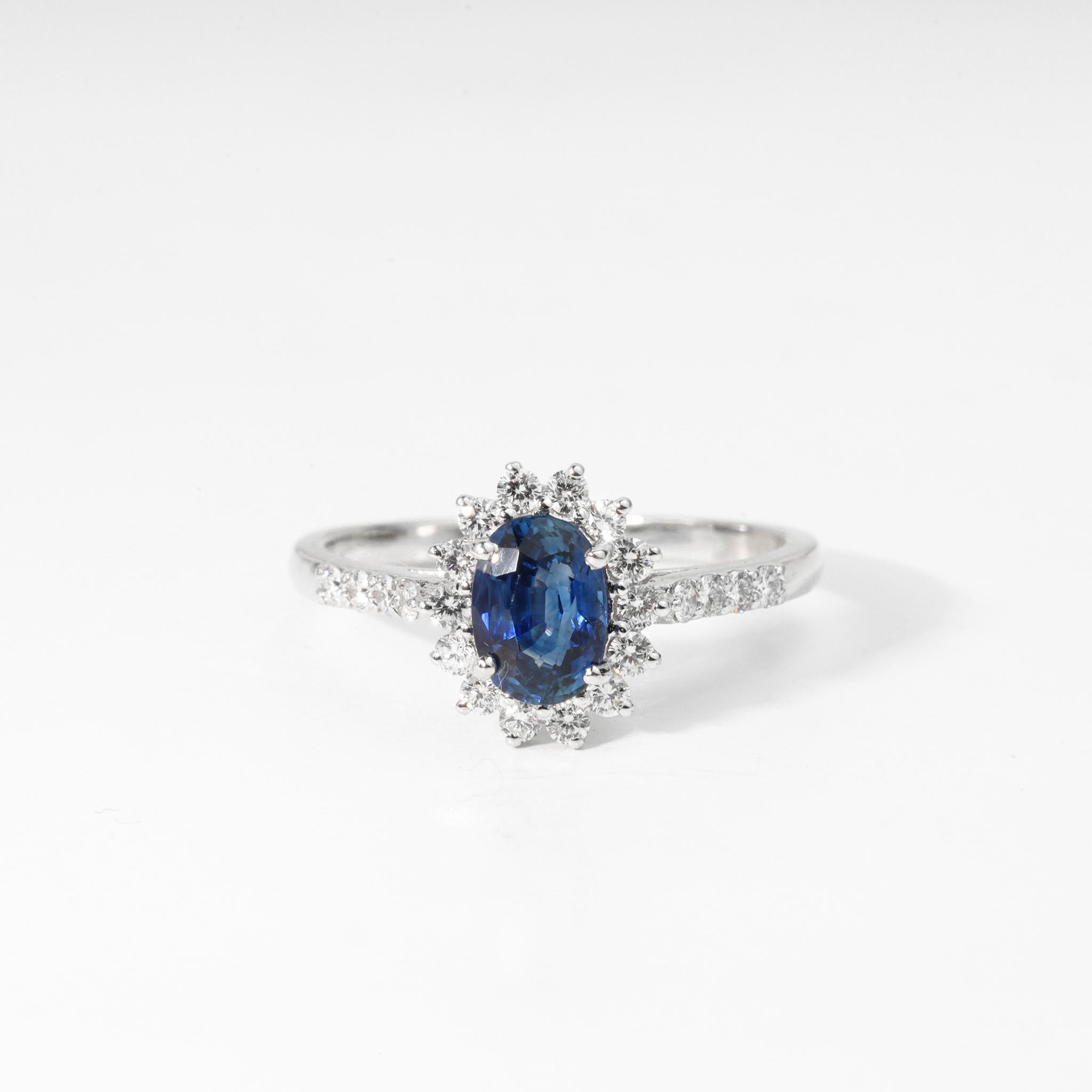 Oval Blue Sapphire Diamond Halo Cocktail Engagement Ring in 18k White Gold In New Condition For Sale In Jaipur, RJ