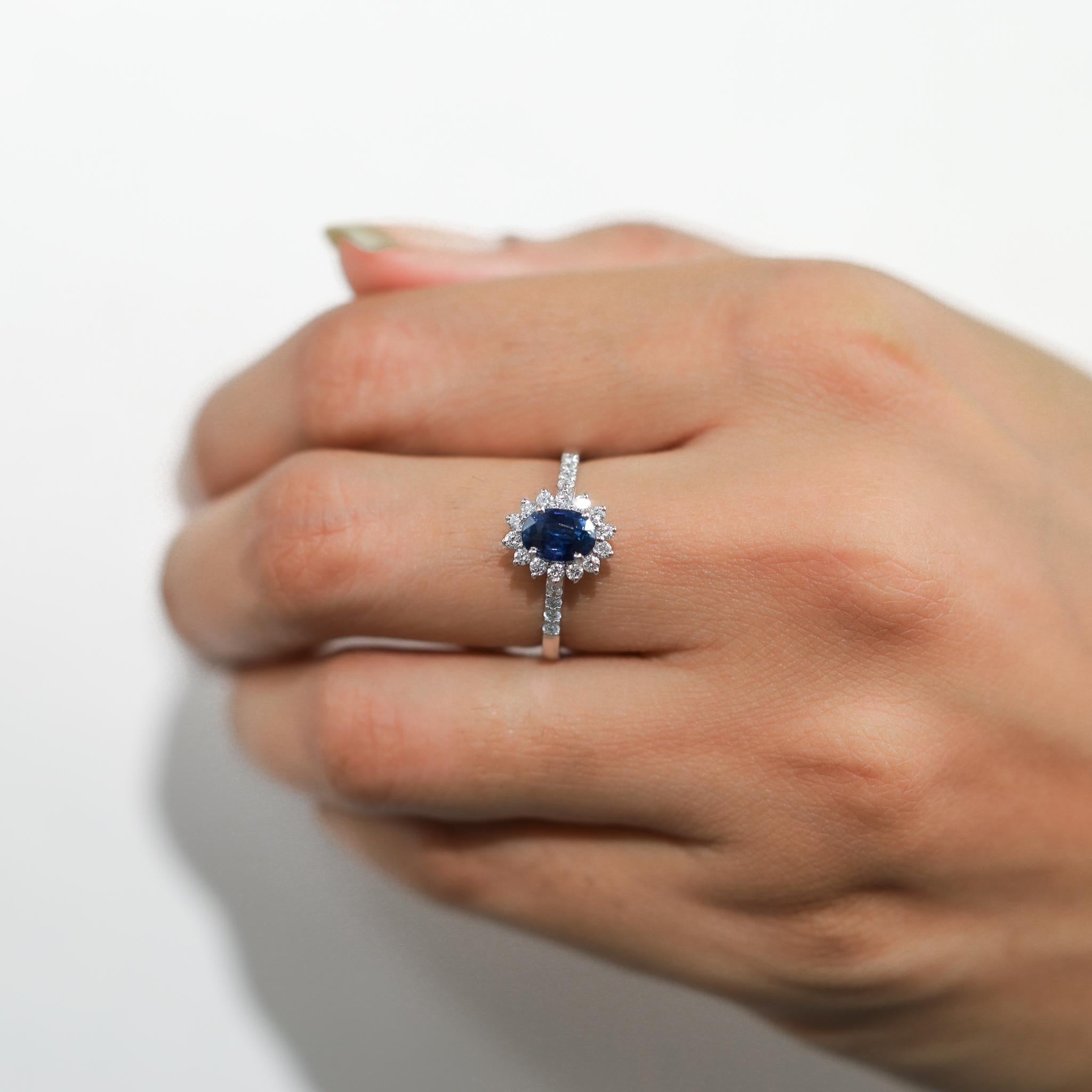 Women's Oval Blue Sapphire Diamond Halo Cocktail Engagement Ring in 18k White Gold For Sale