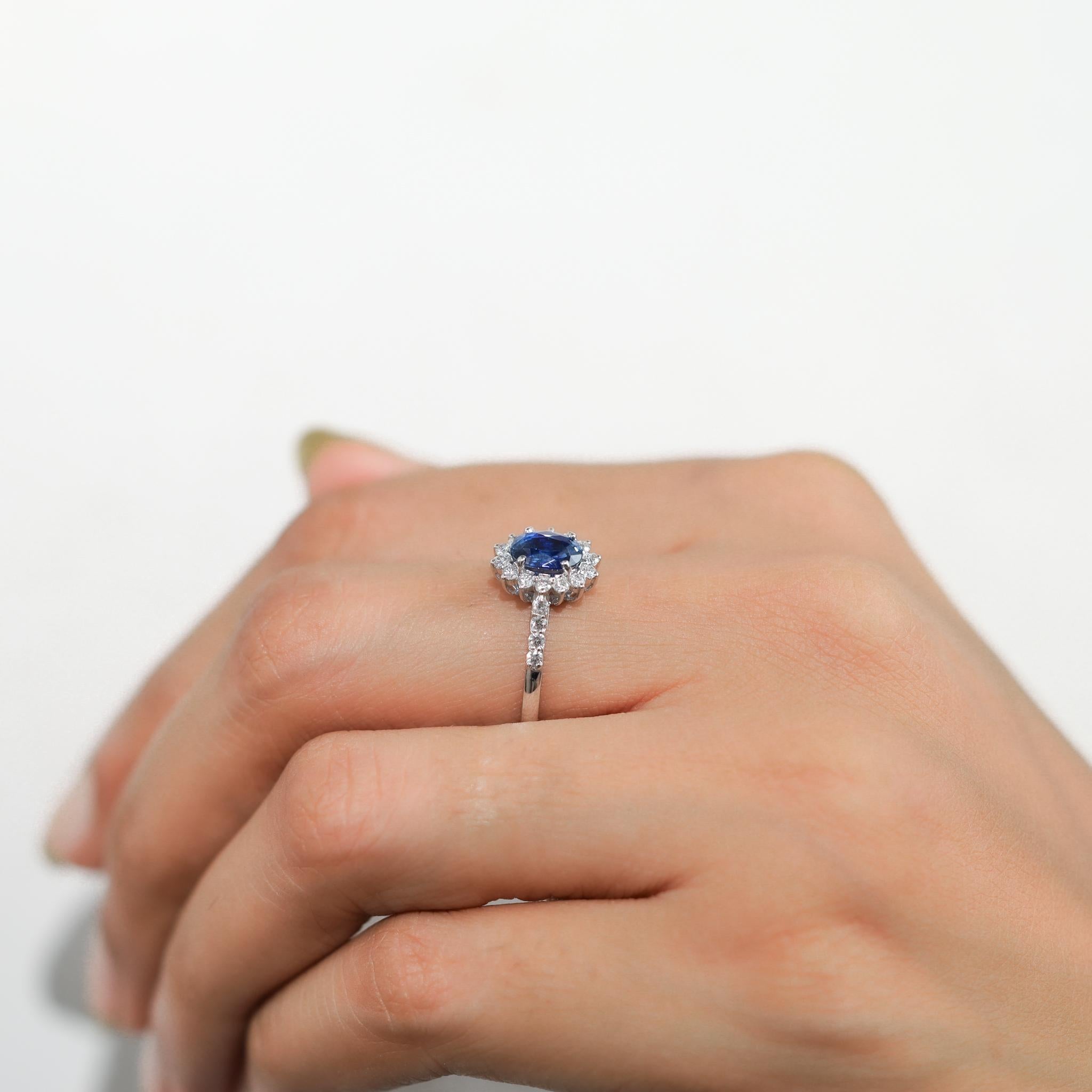 Oval Blue Sapphire Diamond Halo Cocktail Engagement Ring in 18k White Gold For Sale 1