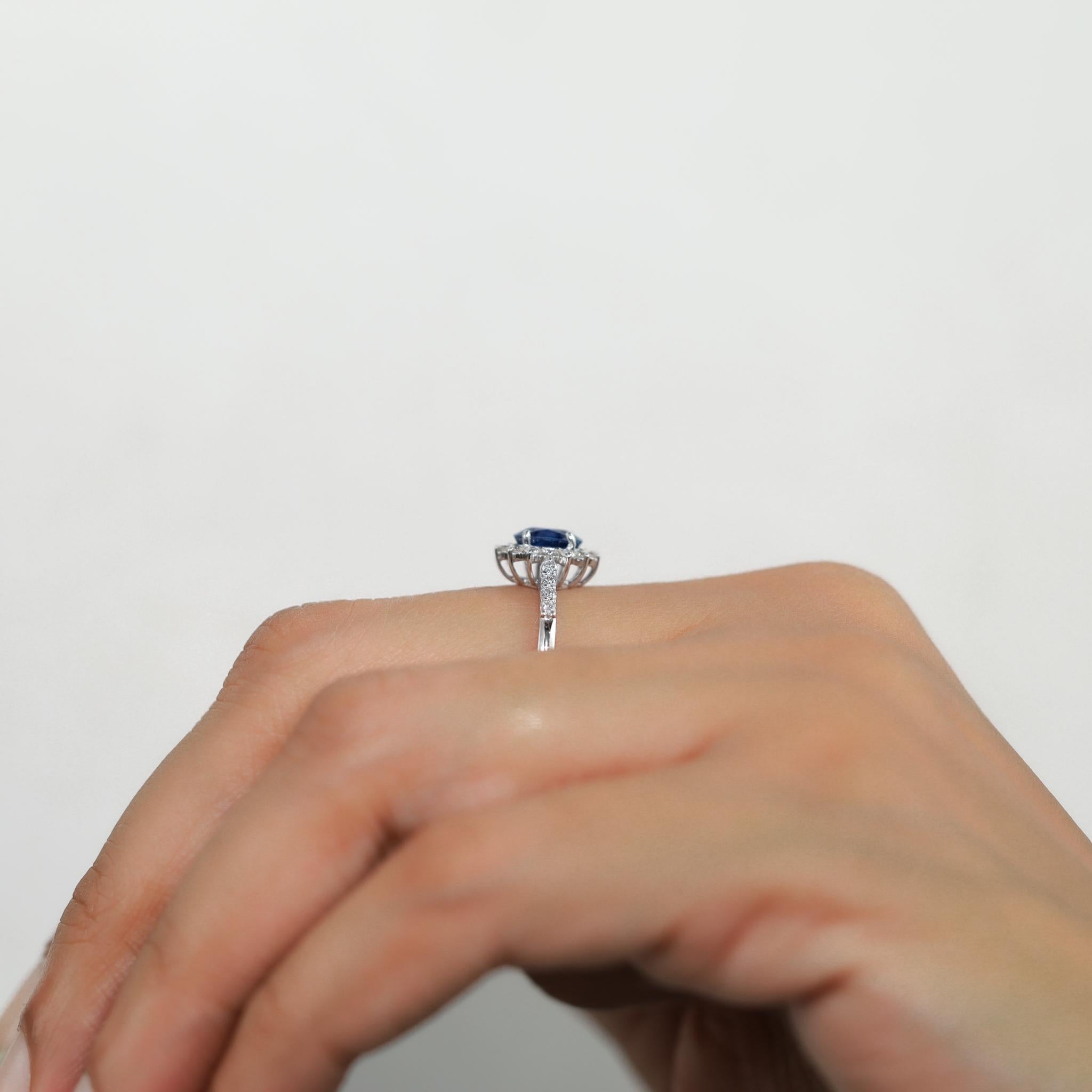 Oval Blue Sapphire Diamond Halo Cocktail Engagement Ring in 18k White Gold For Sale 2