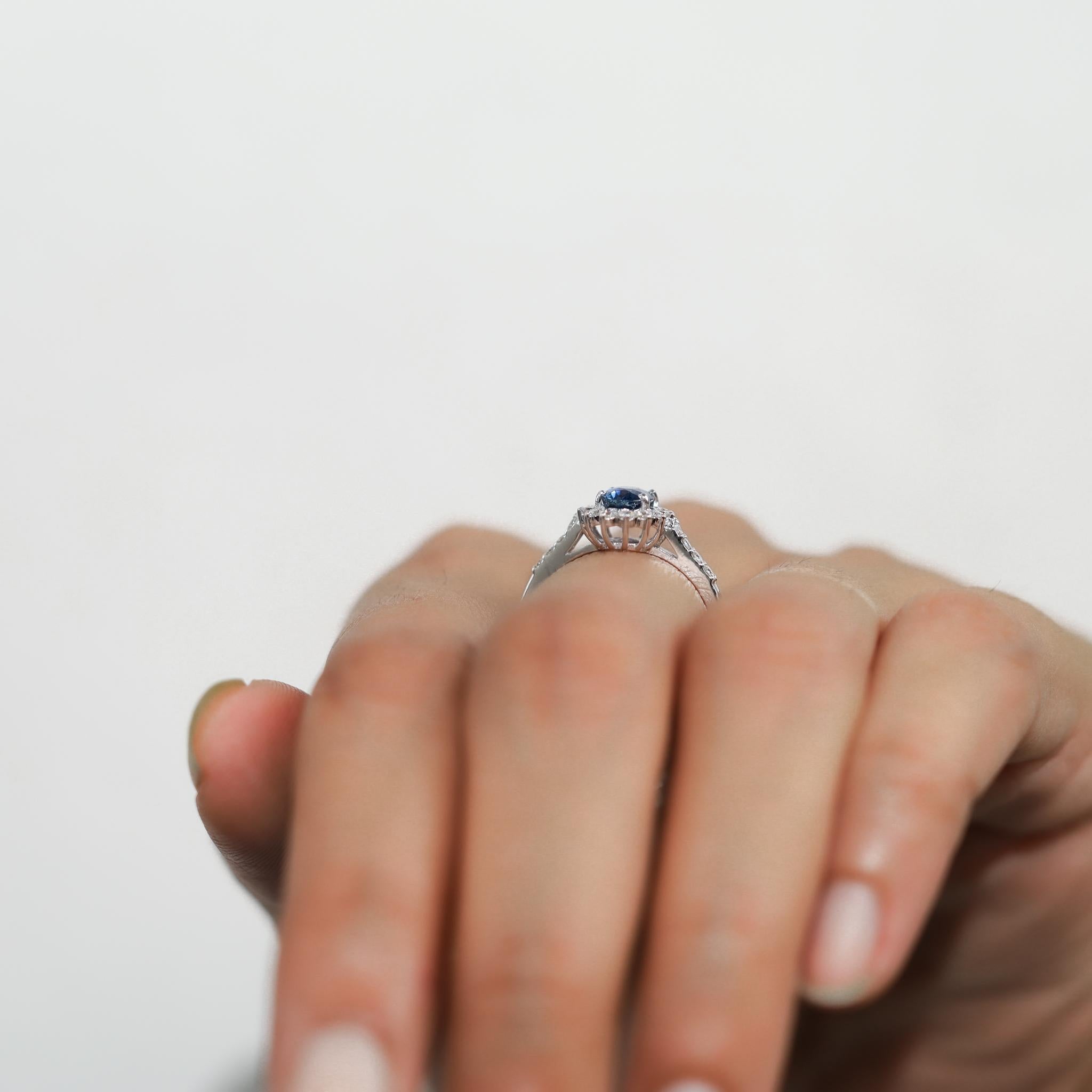 Oval Blue Sapphire Diamond Halo Cocktail Engagement Ring in 18k White Gold For Sale 3