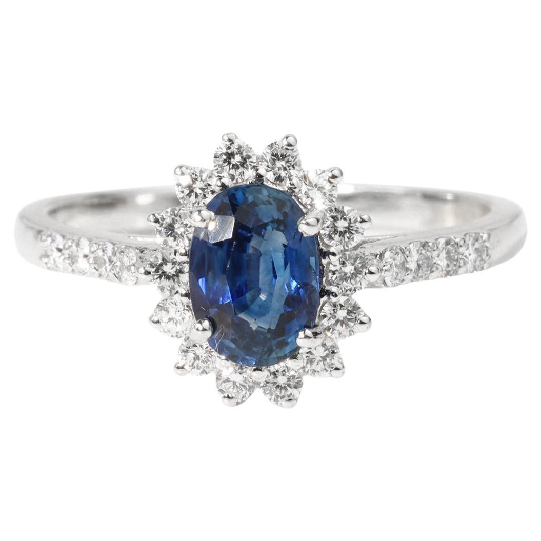 Oval Blue Sapphire Diamond Halo Cocktail Engagement Ring in 18k White Gold