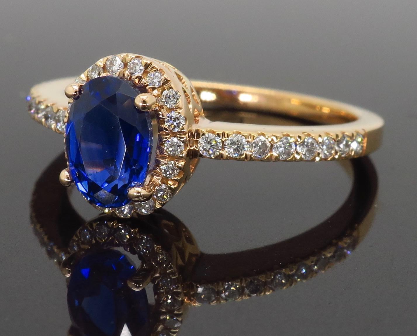 Oval Blue Sapphire and Diamond Halo Ring in 14 Karat Rose Gold In New Condition In Webster, NY