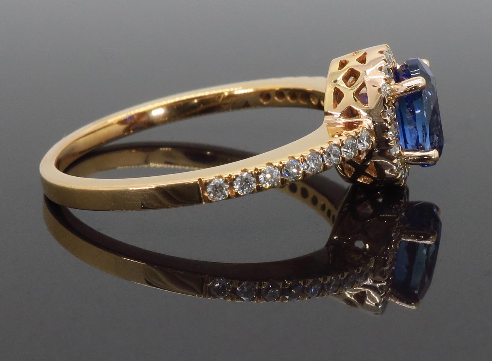 Oval Blue Sapphire and Diamond Halo Ring in 14 Karat Rose Gold 2