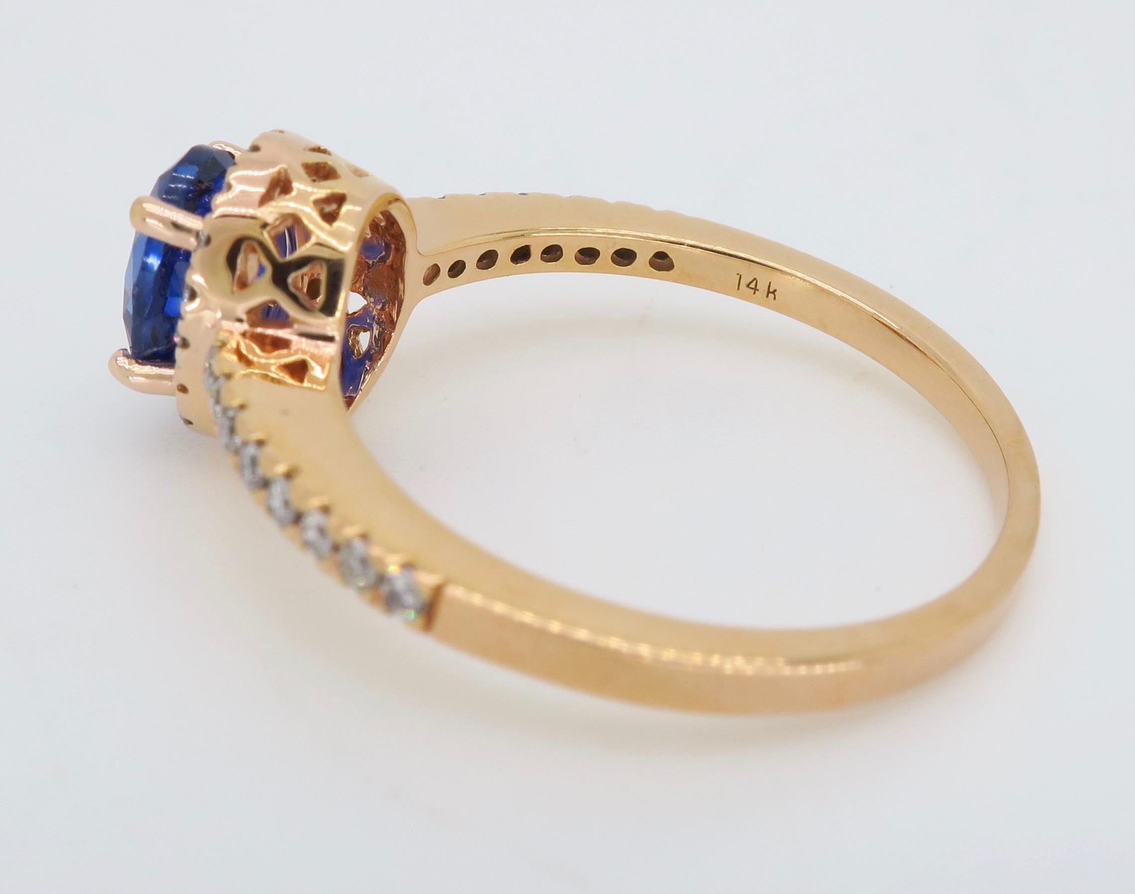 Oval Blue Sapphire and Diamond Halo Ring in 14 Karat Rose Gold 4