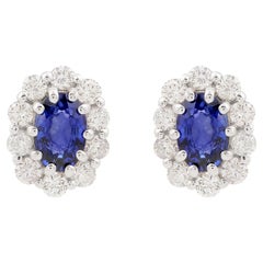 1.84 CTW Oval Blue Sapphire Diamond Halo Stud Earrings 14 Karat White Gold