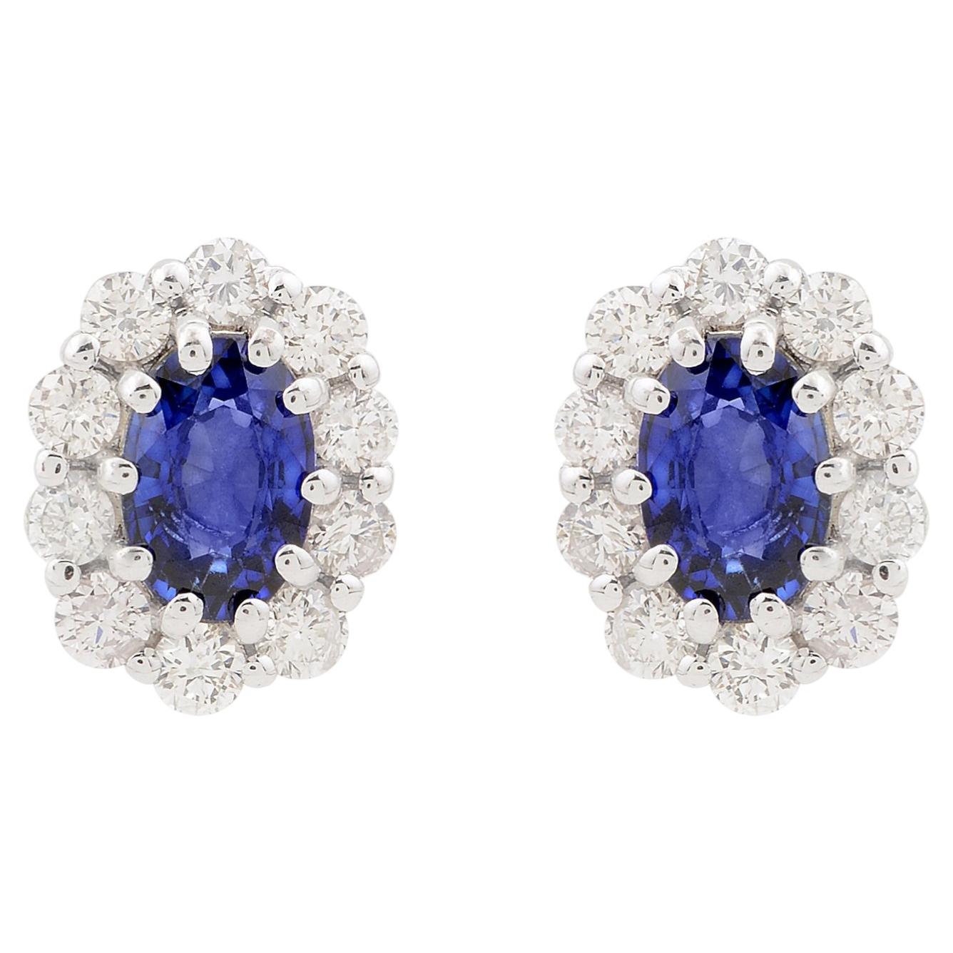 1.84 CTW Oval Blue Sapphire Diamond Halo Stud Earrings 18 Karat White Gold