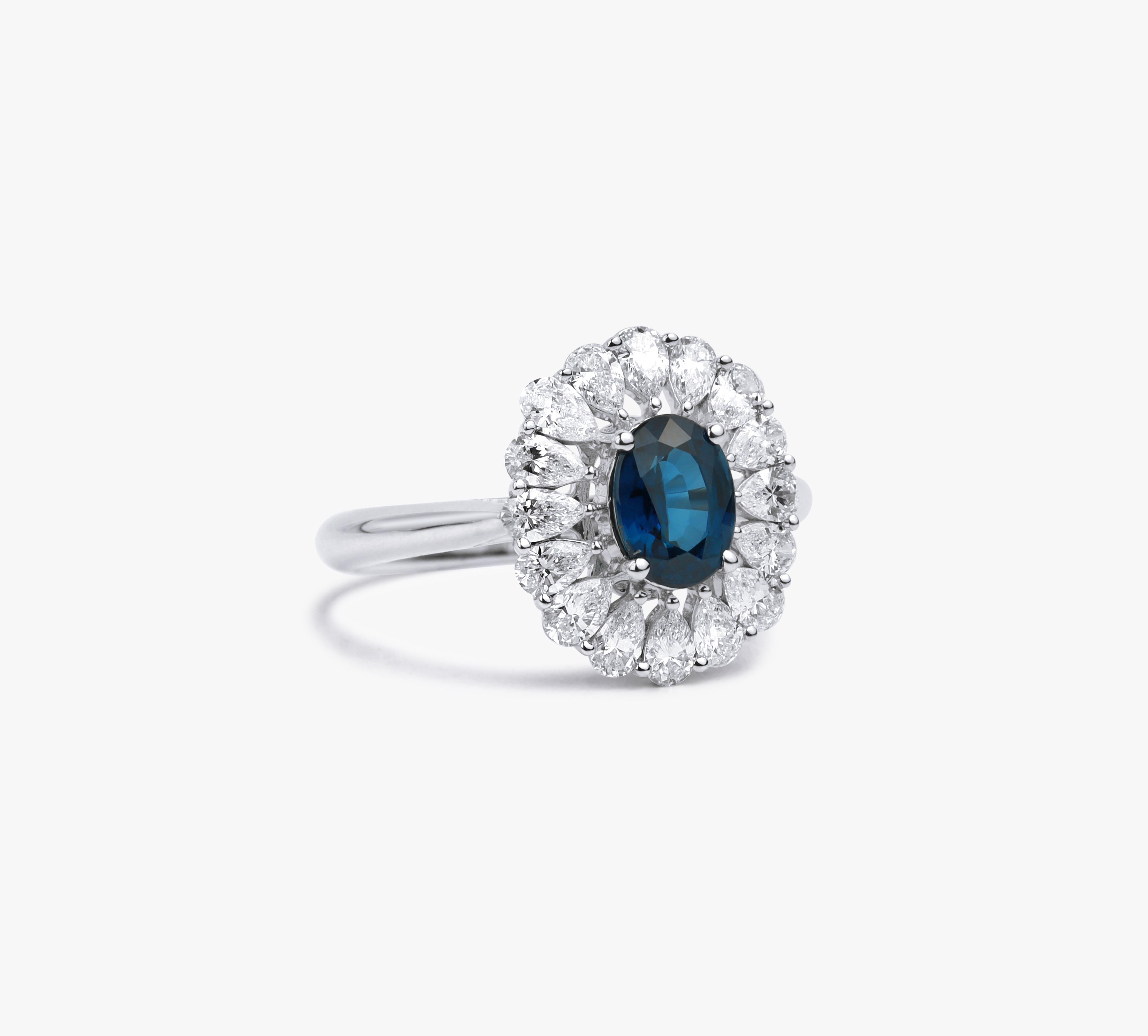 Art Deco Oval Blue Sapphire Diamond Pear Cut Halo Cocktail Engagement Ring in White Gold For Sale