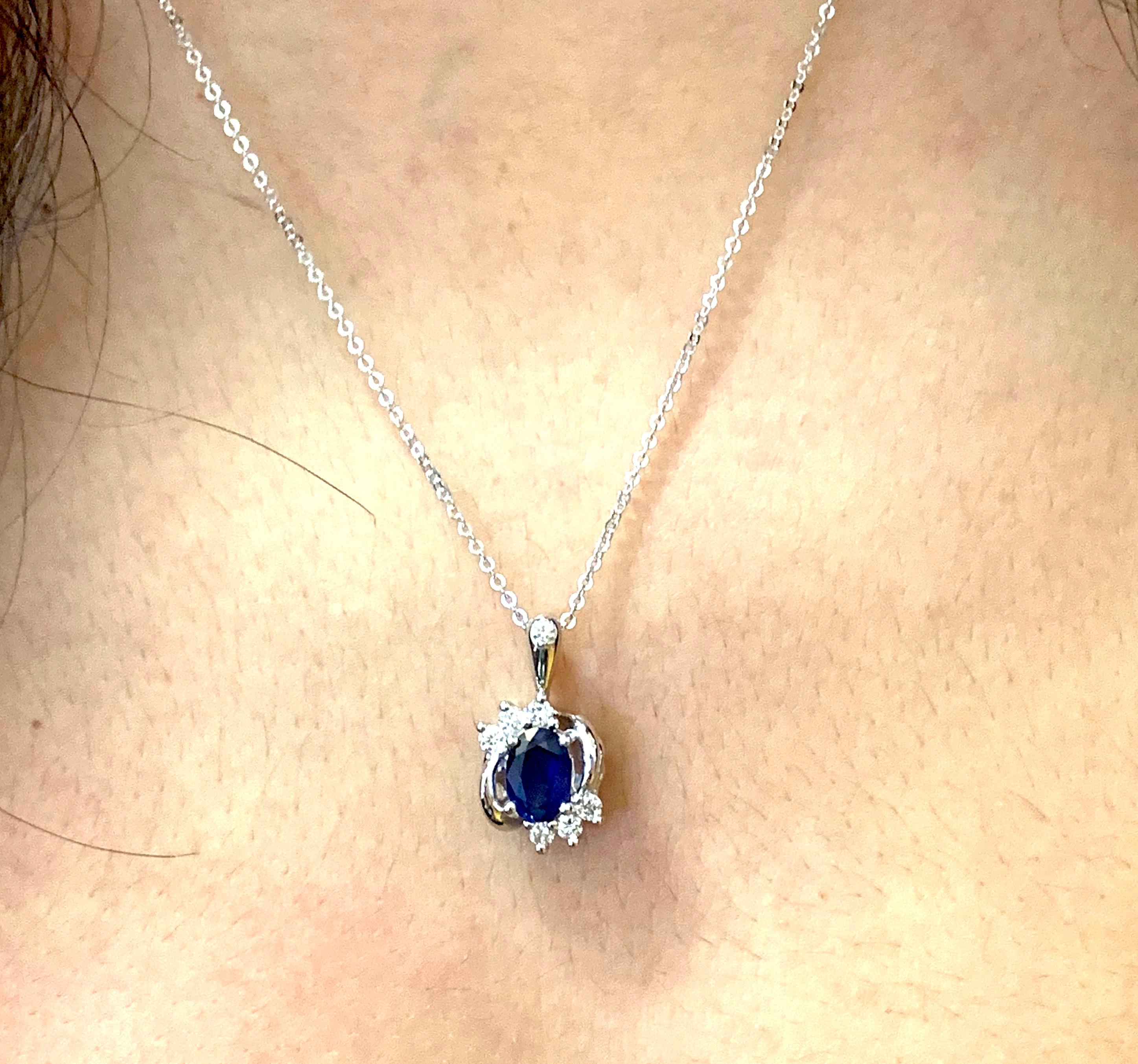 Oval Blue Sapphire Diamond Pendant In New Condition In GREAT NECK, NY