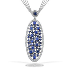 Collana con ciondolo ovale di diamanti e zaffiro blu con catena multipla in oro bianco 18 carati