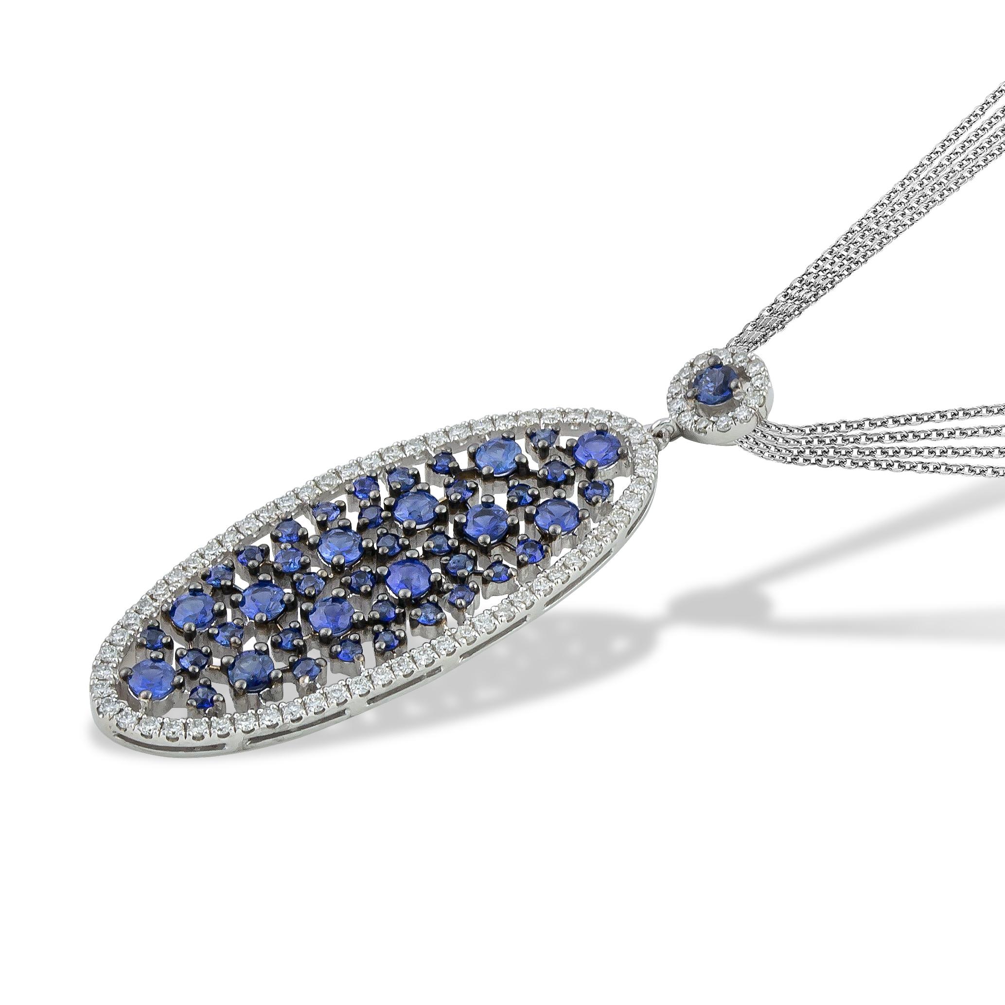 Contemporary Oval Blue Sapphire Diamond Pendant Necklace with Multi Chain in 18kt White Gold For Sale