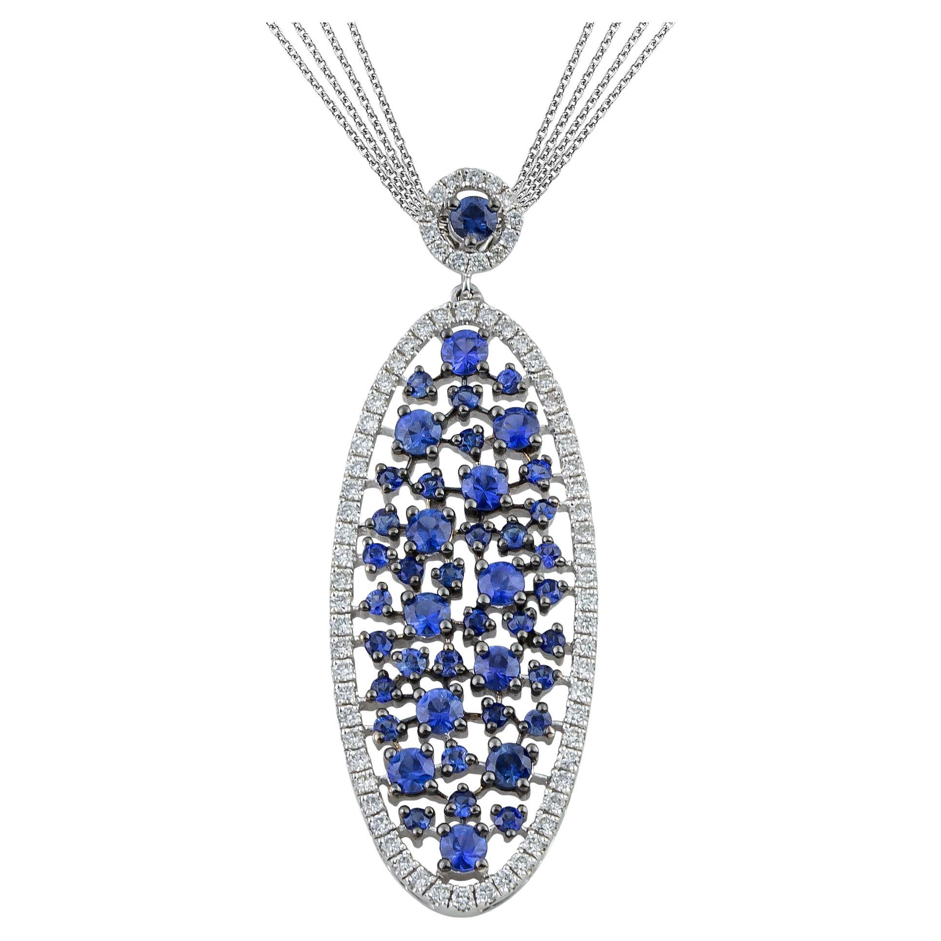 Oval Blue Sapphire Diamond Pendant Necklace with Multi Chain in 18kt White Gold For Sale