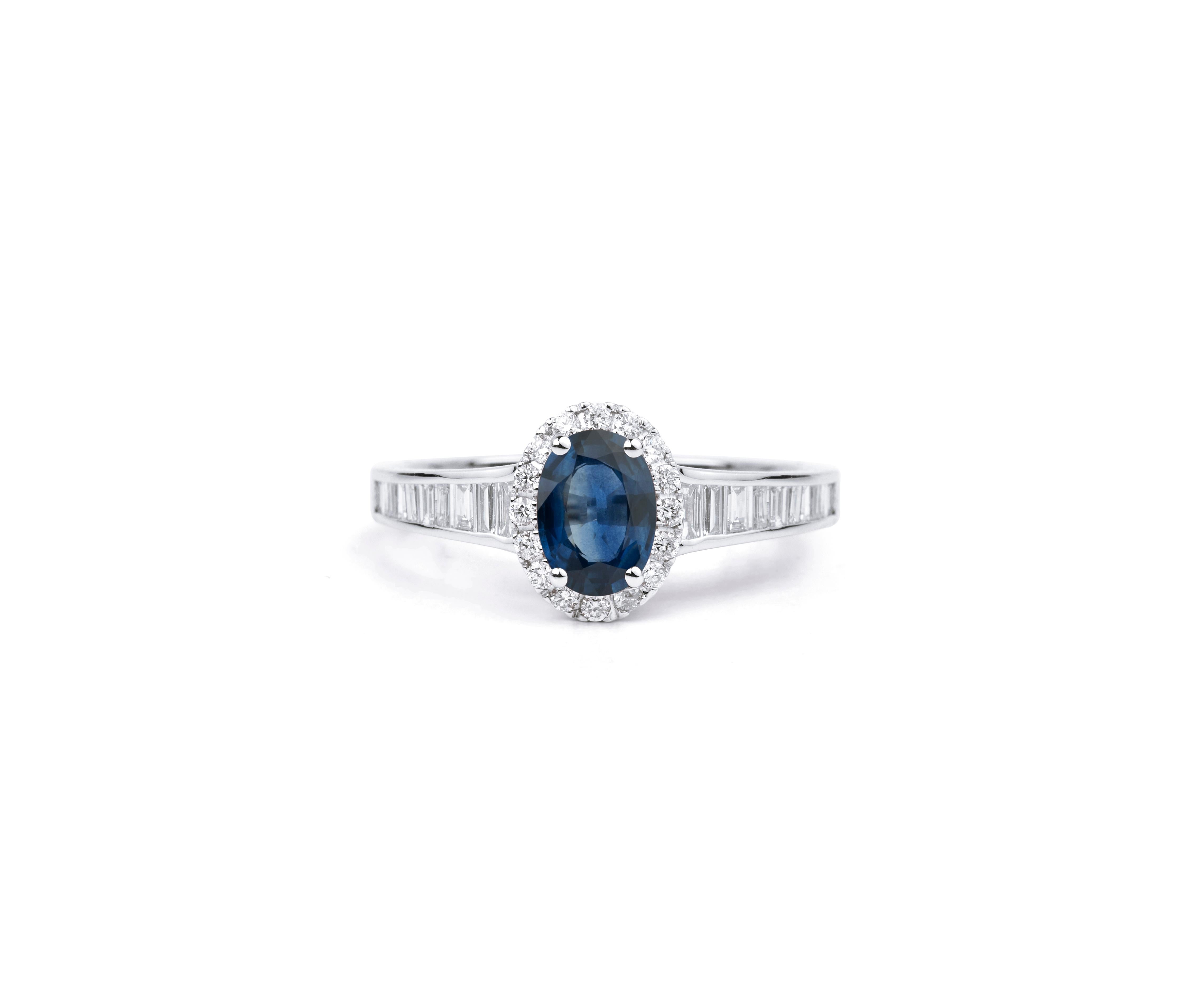 Oval Blue Sapphire Diamond Round / Baguette Cut, Halo Cocktail Engagement Ring

Available in 18k white gold.

Same design can be made also with other custom gemstones per request.

- Solid gold

- Diamond - approx. 0.65 carat

- Ruby - approx. 0.70