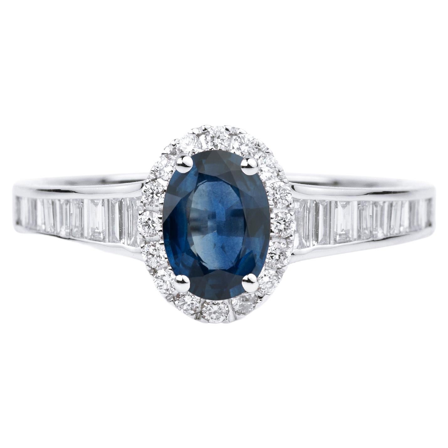 Oval Blue Sapphire Diamond Round / Baguette Cut, Halo Cocktail Engagement Ring