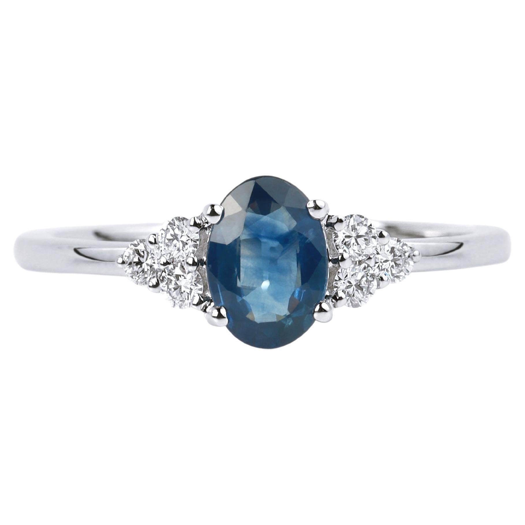 Oval Blue Sapphire Diamond Round Cut Three Stone Cocktail Engagement Ring