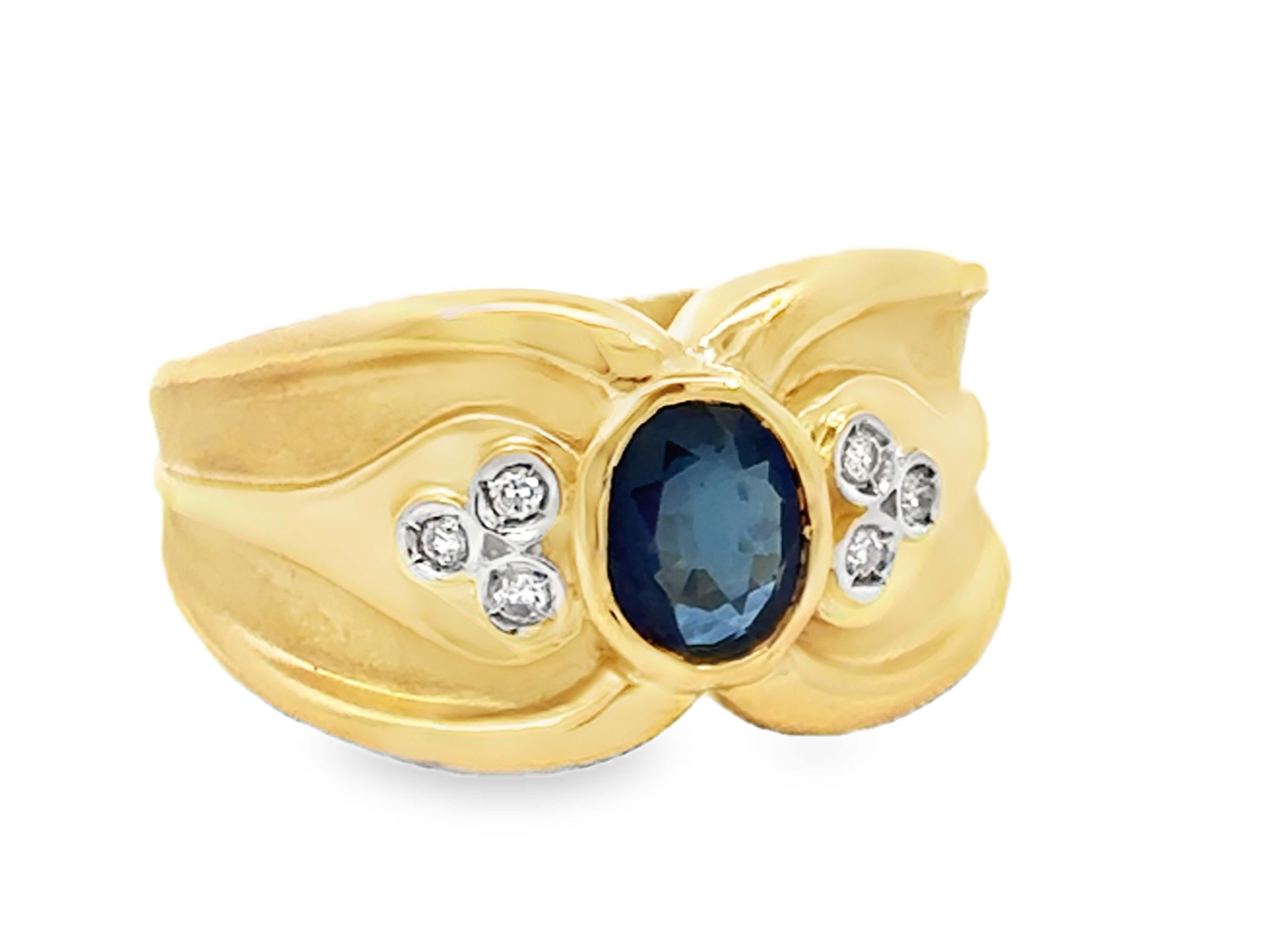 Modern Oval Blue Sapphire Diamond Satin and High Polish Ring 18k Yellow Gold For Sale