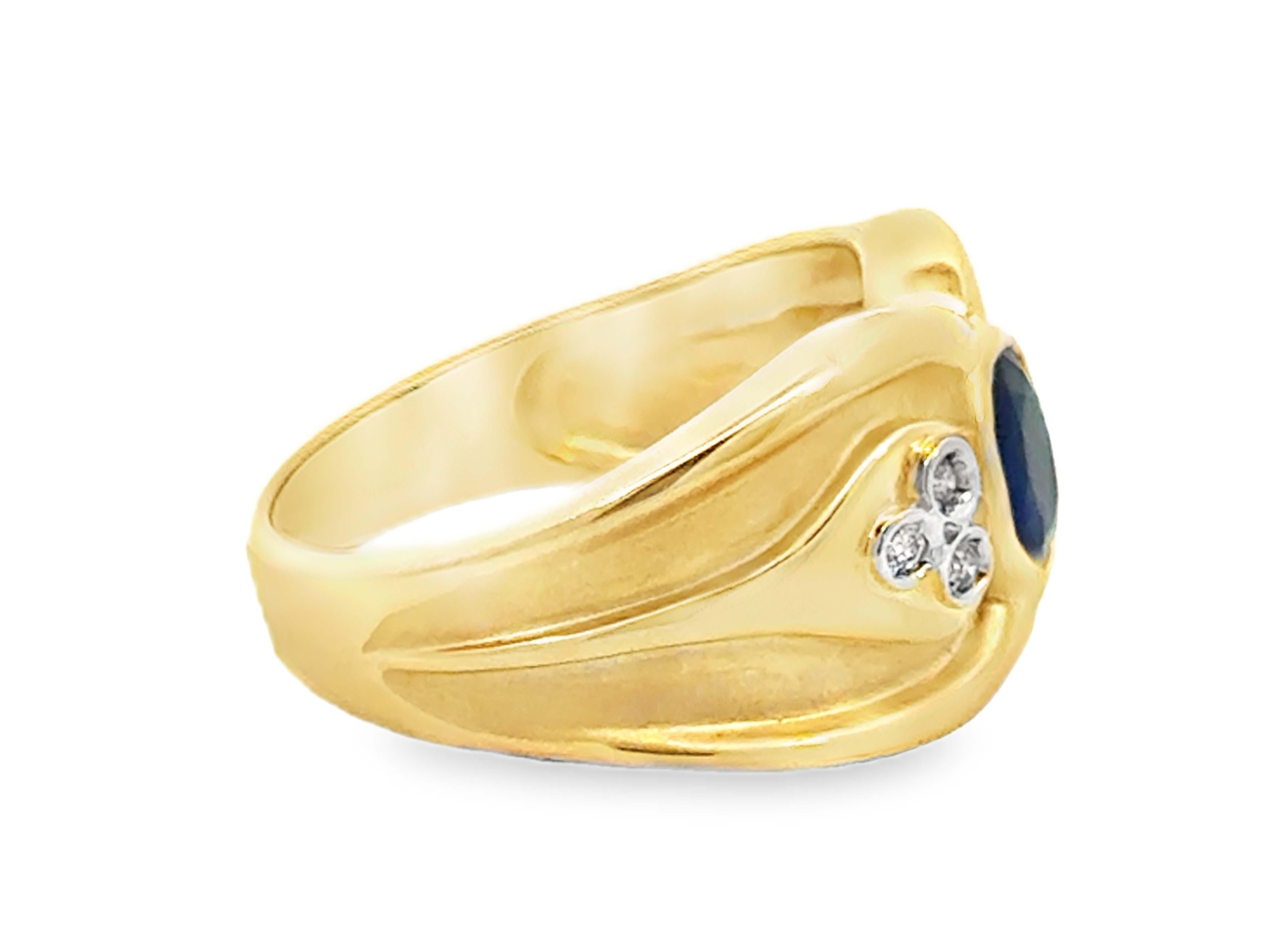 Oval Cut Oval Blue Sapphire Diamond Satin and High Polish Ring 18k Yellow Gold For Sale