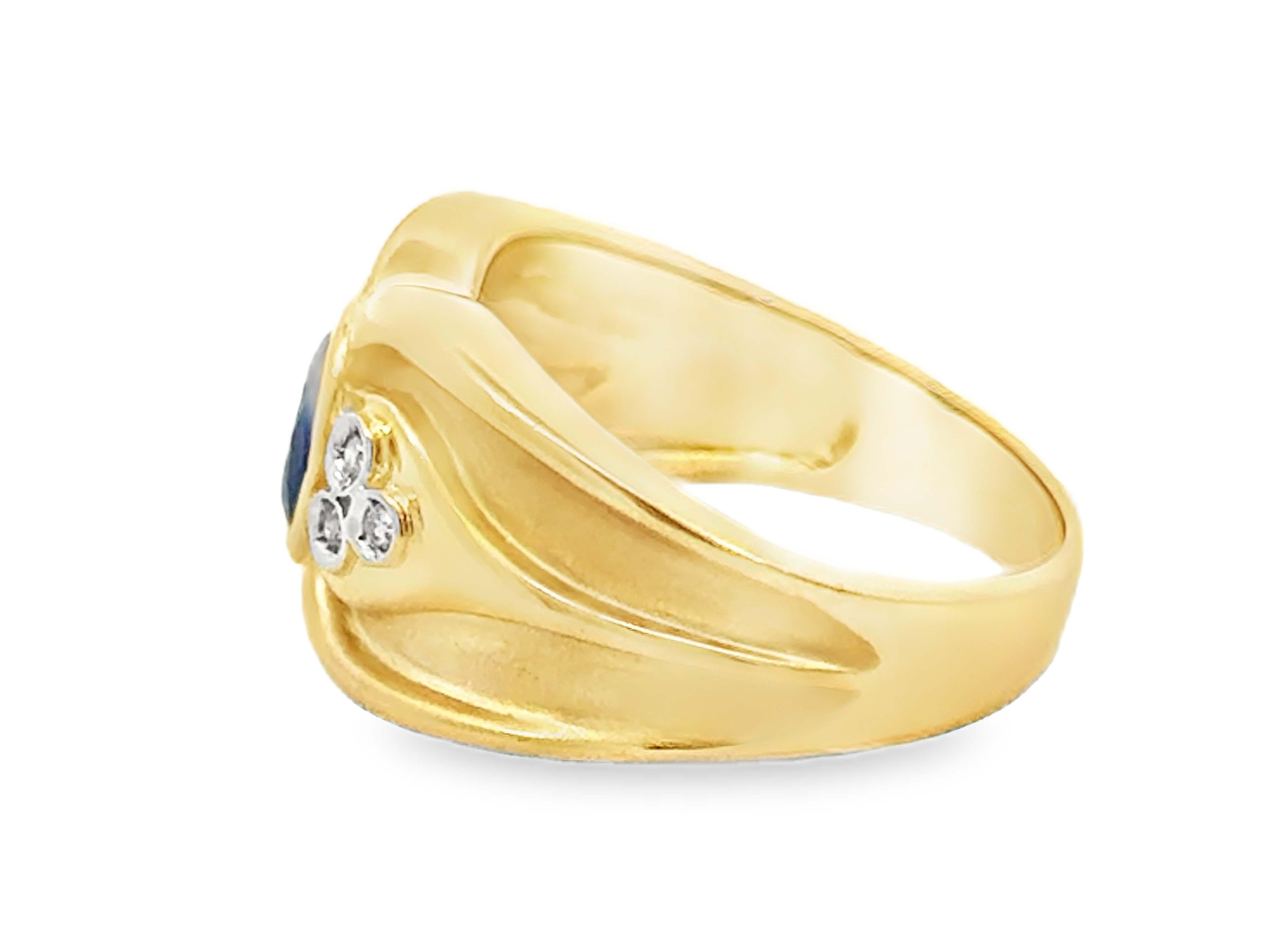 Oval Blue Sapphire Diamond Satin and High Polish Ring 18k Yellow Gold In New Condition For Sale In Honolulu, HI