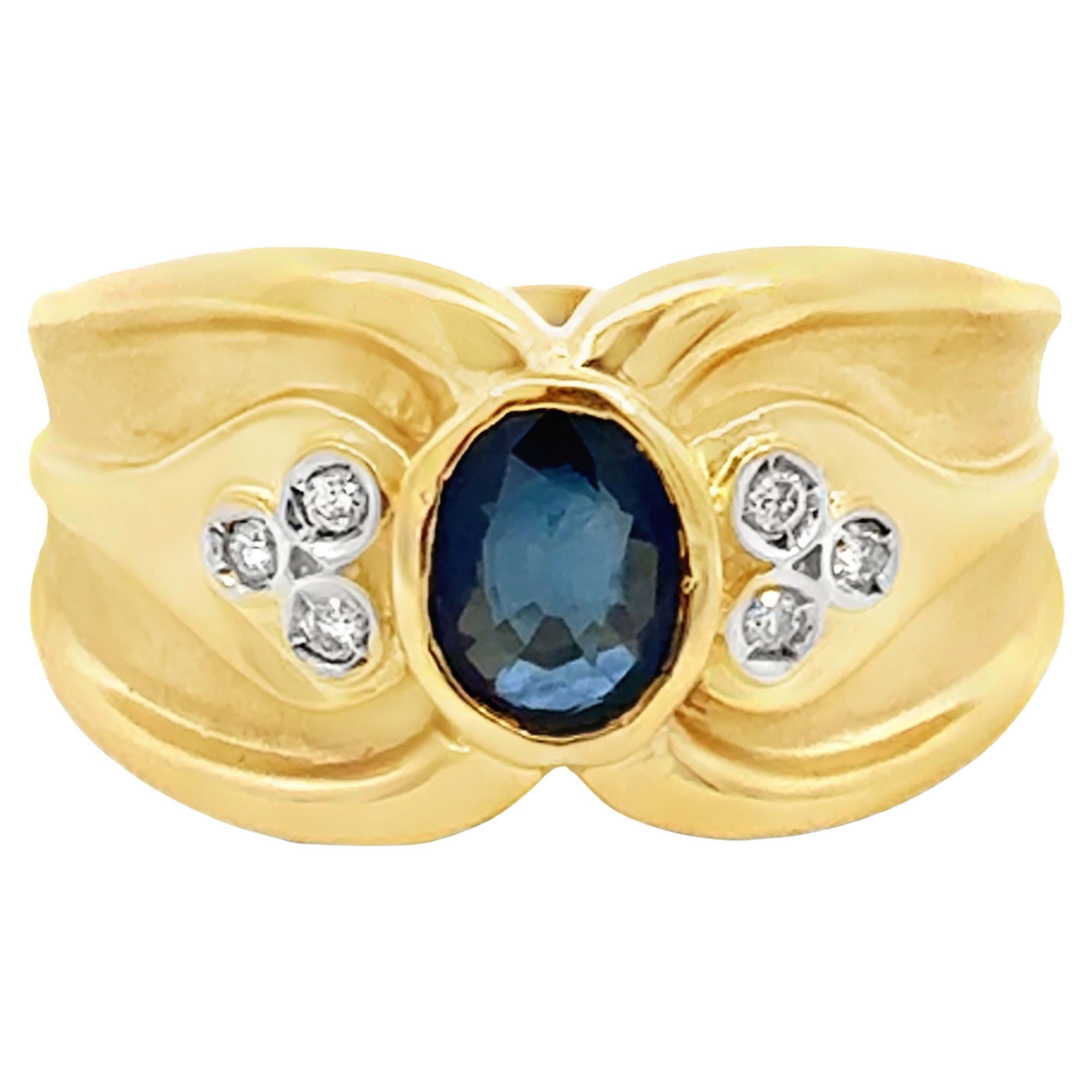Oval Blue Sapphire Diamond Satin and High Polish Ring 18k Yellow Gold