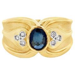 Oval Blue Sapphire Diamond Satin and High Polish Ring 18k Yellow Gold