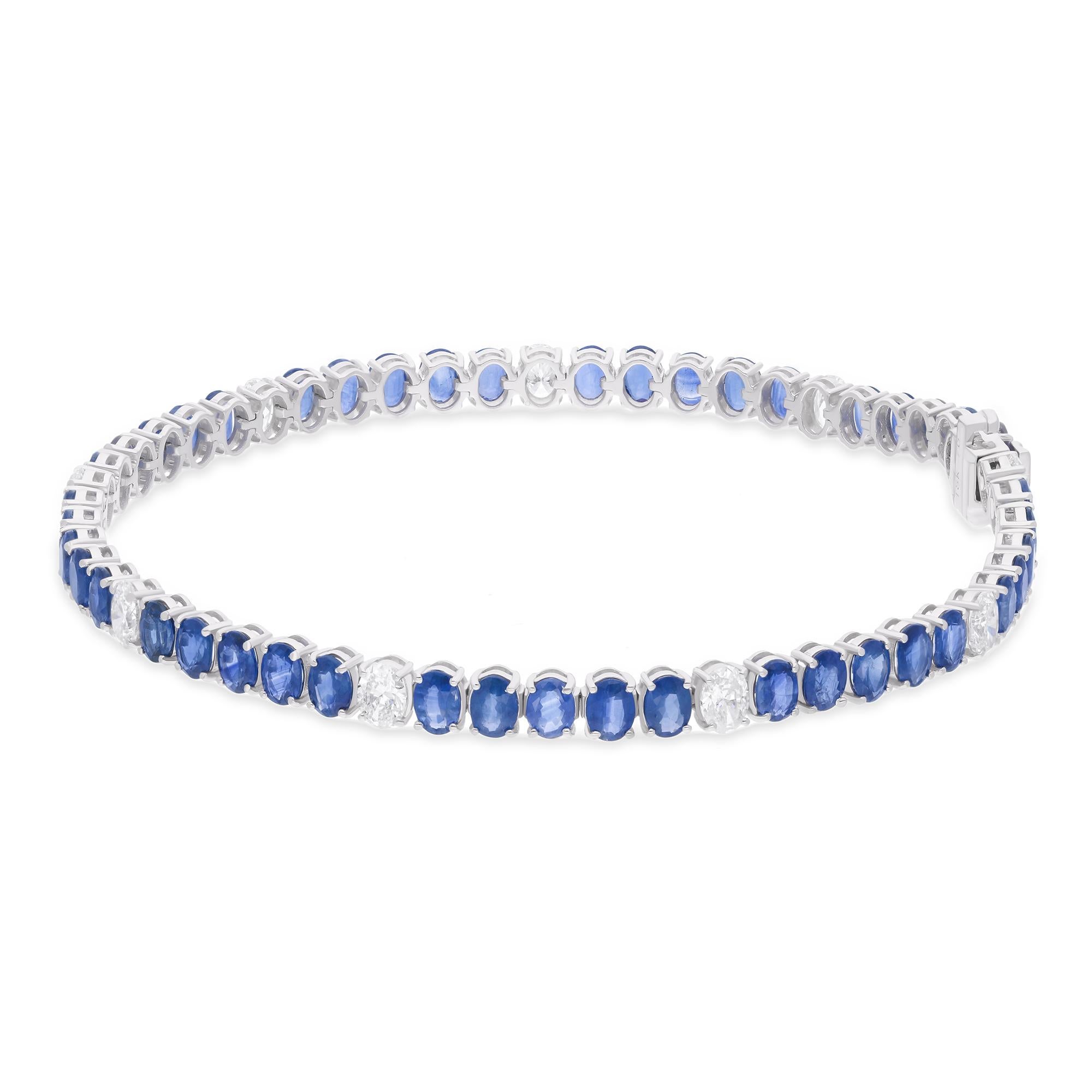 Moderno Bracciale tennis ovale con diamante e zaffiro blu Gioielli fatti a mano in oro bianco 18 carati in vendita
