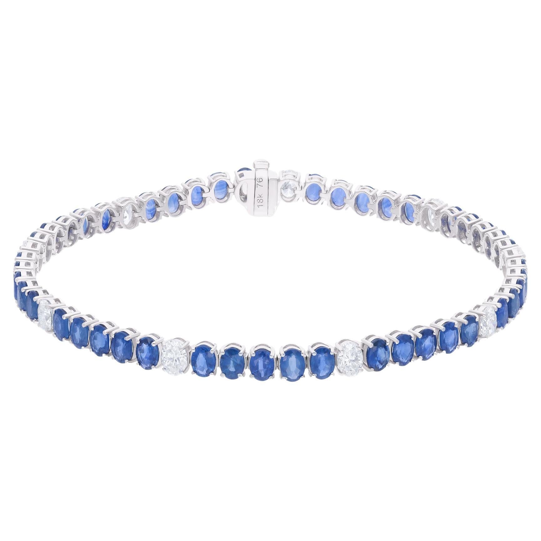 Donna Bracciale tennis ovale con diamante e zaffiro blu Gioielli fatti a mano in oro bianco 18 carati in vendita