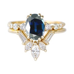 Oval Blue sapphire & Diamonds Engagement Two Ring set, Candy pop + Artemis