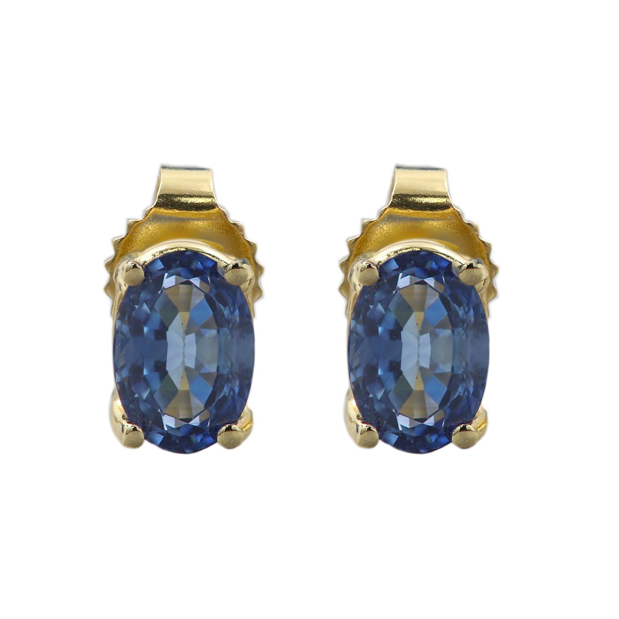 Oval Blue Sapphire Earring Studs 6 x 4 Natural Sapphire 14 Karat Yellow gold For Sale 6